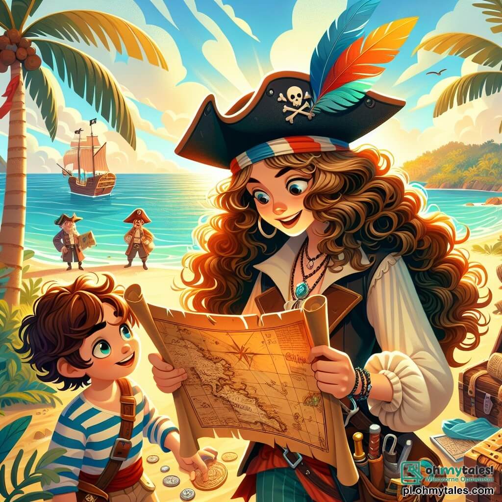 Une illustration sous forme de dessin destinée aux enfants représentant une plage ensoleillée sur une île tropicale, avec des palmiers se balançant doucement au vent et un ciel bleu éclatant, où une femme pirate courageuse aux cheveux longs et bouclés, portant un chapeau de pirate orné de plumes colorées et une veste en cuir, examine une vieille carte au trésor, tandis qu'un garçon aux yeux pétillants et à la chevelure ébouriffée, vêtu d'une chemise rayée et d'un pantalon en toile, l'observe avec enthousiasme, et un groupe de pirates amicaux, avec des sourires chaleureux et des vêtements colorés, les entoure, tous impatients de partir à l'aventure pour retrouver un trésor perdu.