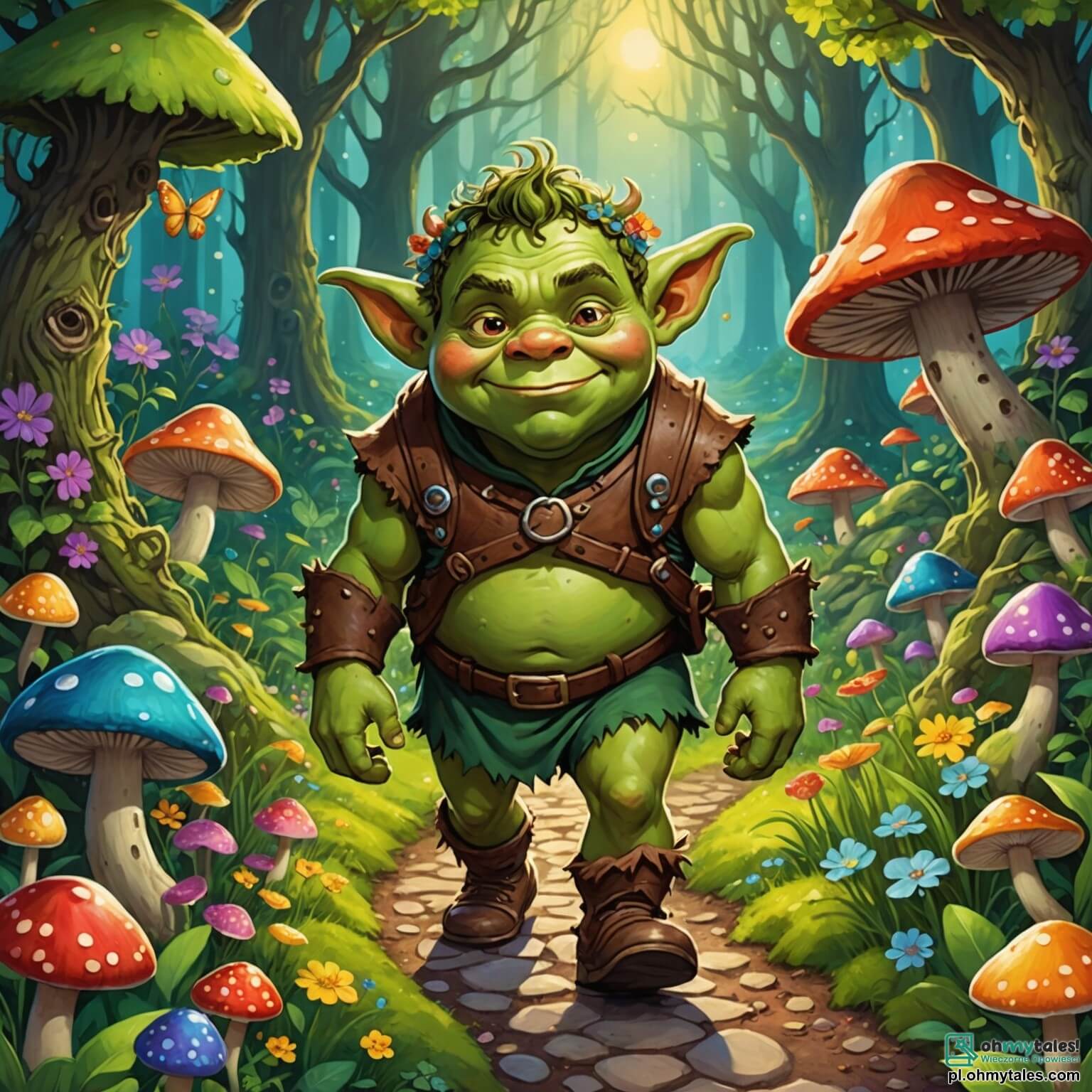 Une illustration destinée aux enfants représentant un jeune ogre au cœur d'une forêt enchantée, avec sa peau d'un vert éclatant et ses grands yeux pétillants de curiosité, se tenant au milieu d'un sentier bordé de fleurs multicolores et de champignons lumineux, tandis qu'il s'apprête à partir à l'aventure pour découvrir les mystères de son environnement magique, accompagné de sa fidèle amie, une petite fée aux ailes scintillantes et aux cheveux dorés, qui vole autour de lui en lui lançant des éclats de rire, le tout sous un ciel azur parsemé de nuages cotonneux, où les rayons du soleil filtrent à travers les feuillages des arbres géants, créant une atmosphère féerique et chaleureuse.