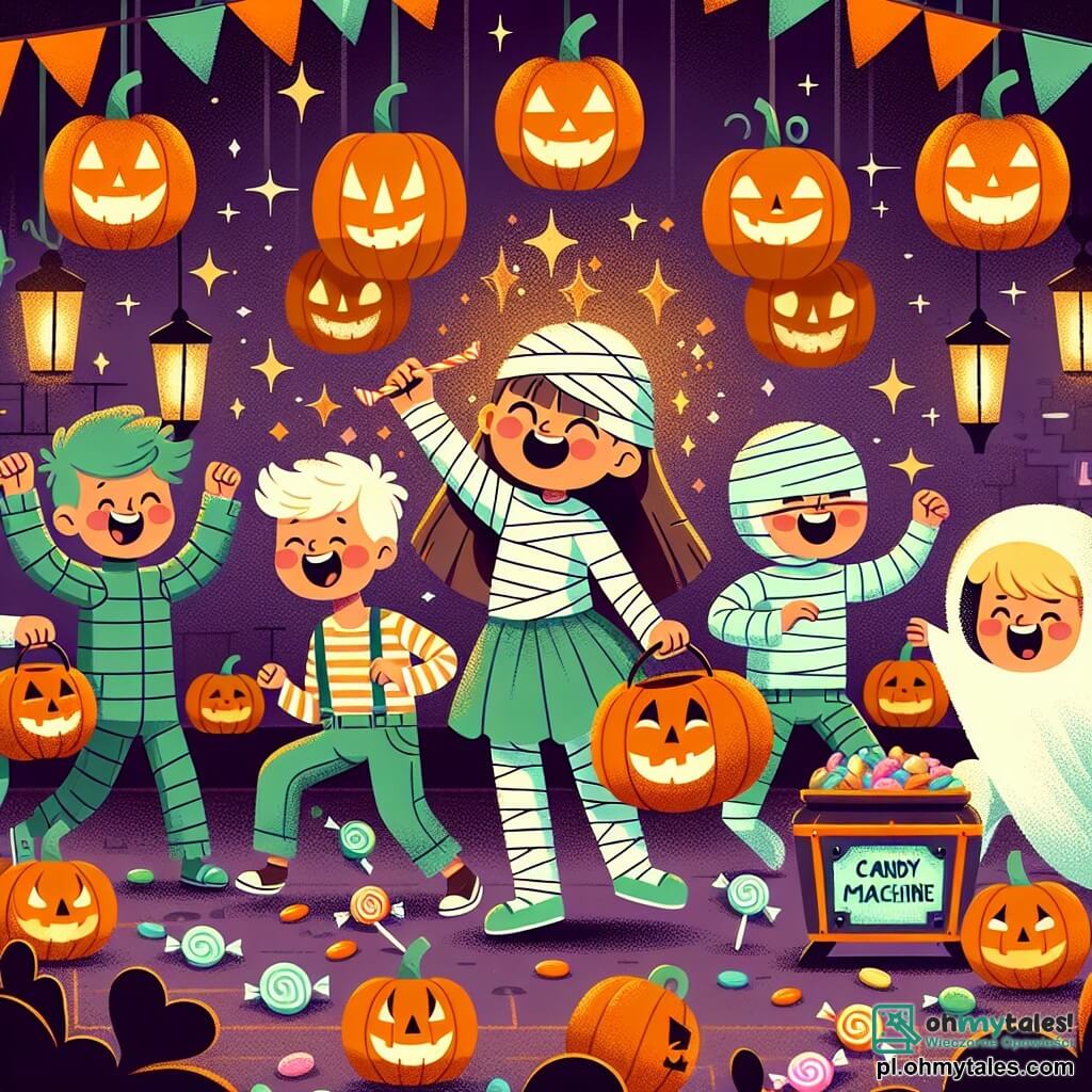 Une illustration sous forme de dessin destinée aux enfants représentant un festin d'Halloween dans une école décorée de lampions en forme de citrouilles, où une fille de 11 ans, avec de longs cheveux bruns et un costume de momie, danse joyeusement au milieu de ses camarades, dont un garçon aux cheveux blonds déguisé en fantôme qui rit en tenant une grande sacoche pleine de bonbons, tandis qu'une mystérieuse machine à bonbons brille dans un coin, ajoutant une touche magique à cette nuit pleine d'aventures et de rires.