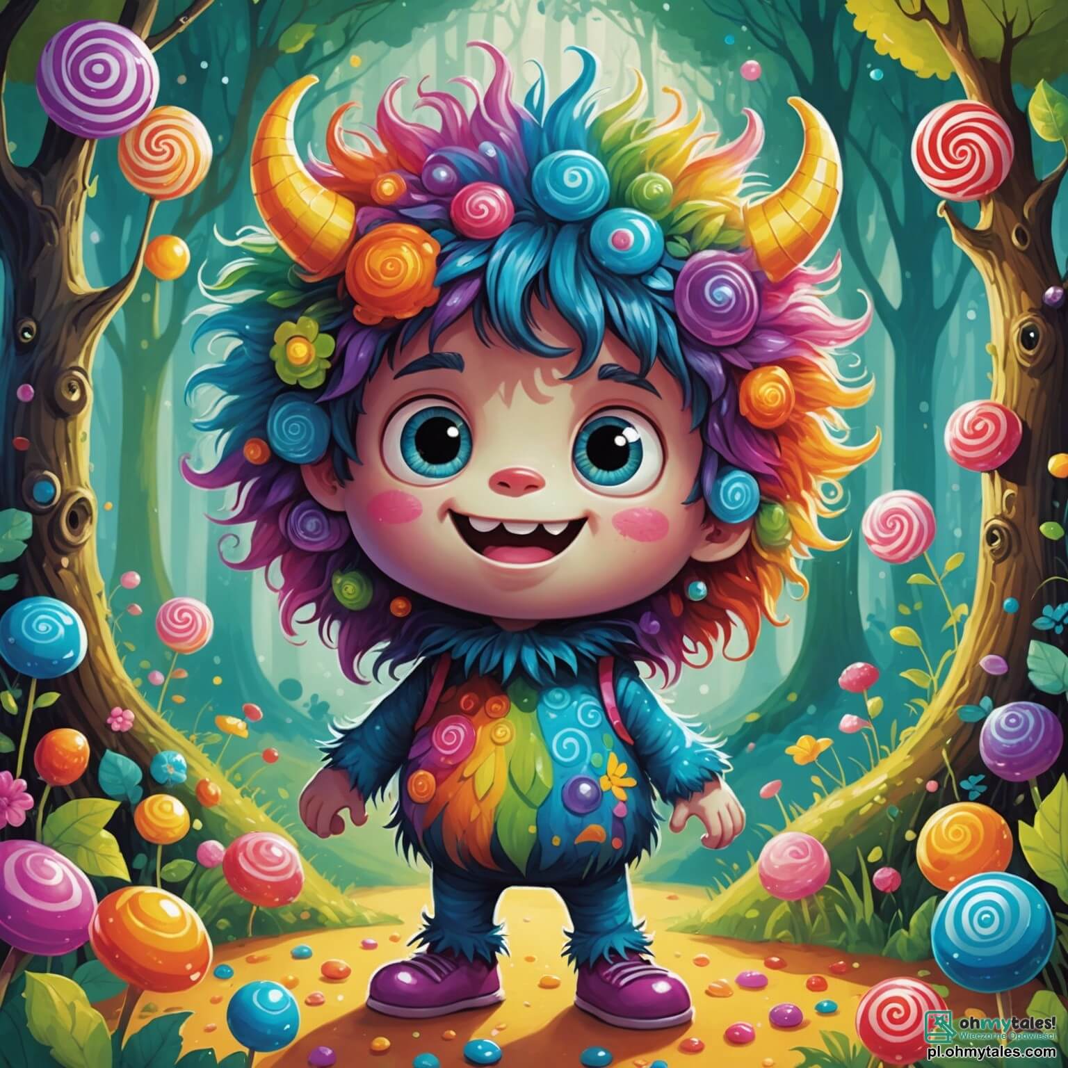 Une illustration destinée aux enfants représentant un monstre garçon aux yeux ronds et pétillants, recouvert d'un pelage multicolore qui scintille comme un arc-en-ciel, se retrouve dans une forêt enchantée où les arbres sont faits de bonbons et les fleurs dansent au rythme du vent, tandis qu'il tente d'aider une petite créature rigolote, une fille en forme de gelée, qui s'est coincée dans une branche sucrée.
