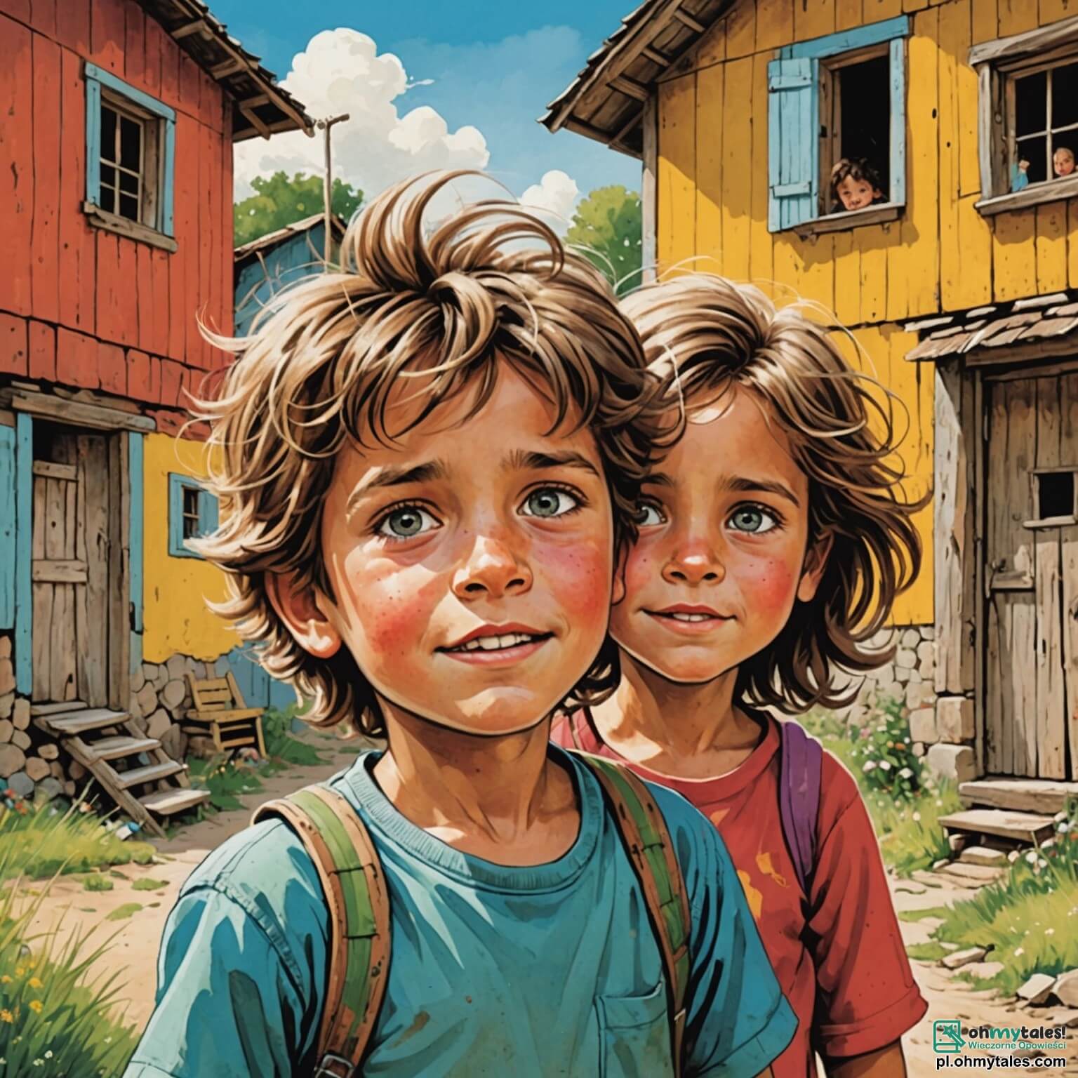 Une illustration destinée aux enfants représentant un garçon aux cheveux ébouriffés et aux yeux pétillants de curiosité, vivant dans un petit village aux maisons colorées mais usées par le temps, où les murs en bois craquent sous le poids des souvenirs, entouré de sa petite sœur à la frimousse joyeuse et de leur maman au regard fatigué mais plein d'amour, tous trois luttant ensemble contre les défis de la pauvreté, tandis que le soleil se lève sur le parc verdoyant où ils rêvent de jours meilleurs, remplis de rires et de jeux, malgré les difficultés qui les entourent.