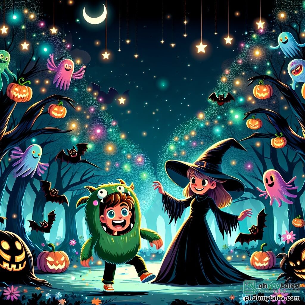 Une illustration sous forme de dessin destinée aux enfants représentant un mystérieux et magique forêt d'Halloween, avec des arbres aux feuilles lumineuses et des créatures colorées dansant autour, où un garçon de 11 ans, aux cheveux châtains et portant un costume de monstre vert avec un grand chapeau, se tient courageusement face à une sorcière au sourire malicieux, vêtue d'une robe noire et entourée de chauves-souris, alors qu'ils se préparent à un défi pour sauver Halloween, avec des étoiles scintillantes et des citrouilles souriantes illuminant la scène.