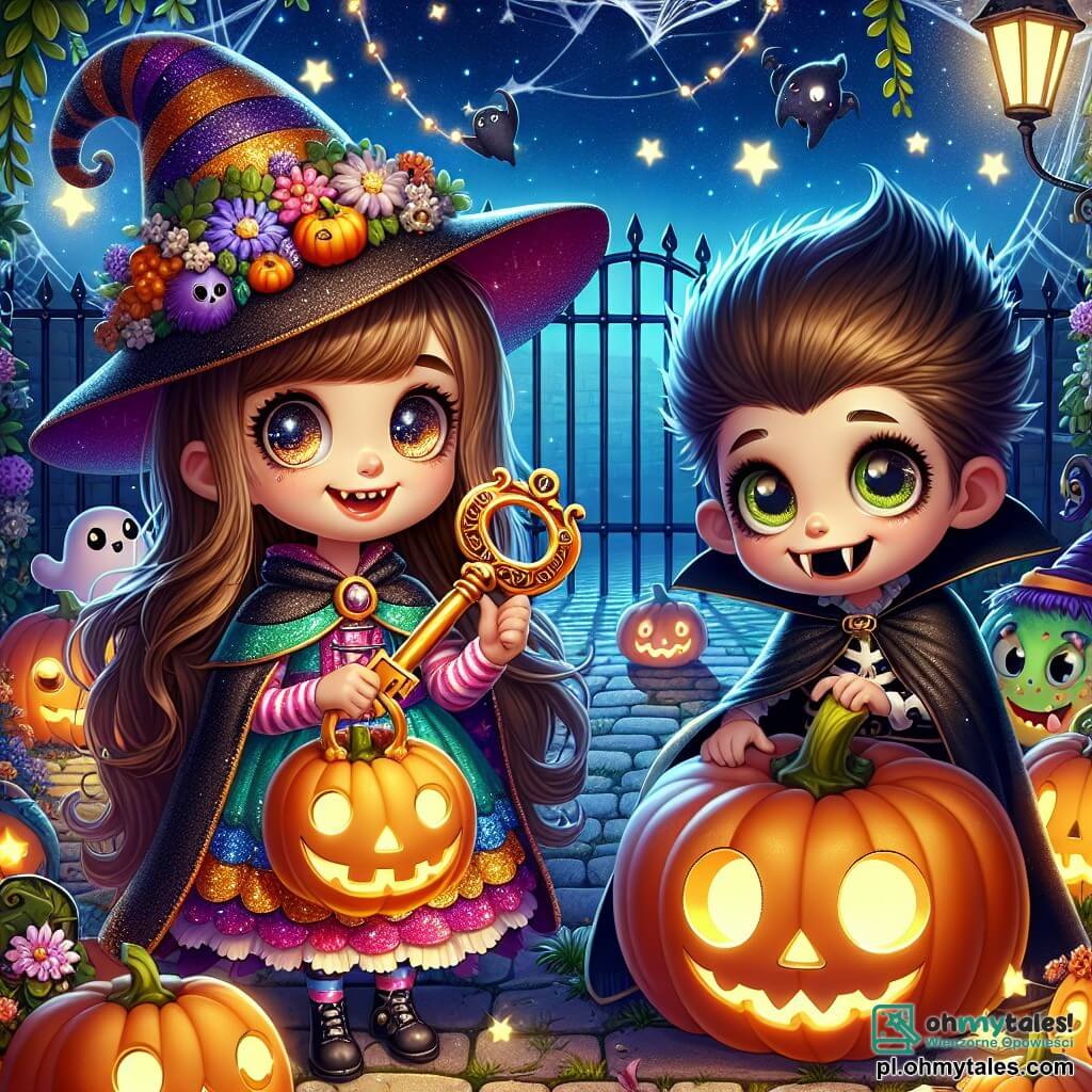 Une illustration sous forme de dessin destinée aux enfants représentant un jardin magique décoré pour Halloween, avec des lampions en forme de citrouilles et des toiles d'araignées scintillantes, où une fille de 11 ans aux longs cheveux bouclés et aux yeux pétillants, vêtue d'un costume de sorcière coloré, tient un vieux clé dorée, tandis qu'à ses côtés, une autre fille de 11 ans, déguisée en vampire avec une cape noire et des dents pointues, observe avec curiosité un grand monstre amical aux yeux brillants et au sourire chaleureux, alors qu'ils découvrent ensemble un monde de magie et de surprises dans la nuit étoilée d'Halloween.