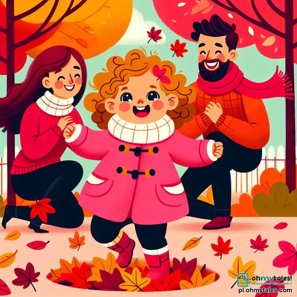 Une illustration sous forme de dessin destinée aux enfants représentant une scène automnale dans un parc coloré, avec des feuilles rouges, oranges et jaunes tombant des arbres, où une petite fille de 2 ans aux cheveux bouclés et aux yeux pétillants, vêtue d'un manteau rose, s'amuse à sauter dans une pile de feuilles, tandis que ses parents, une maman souriante aux cheveux longs et un papa barbu en pull, l'observent avec joie, tous riant ensemble dans une ambiance chaleureuse et ludique.