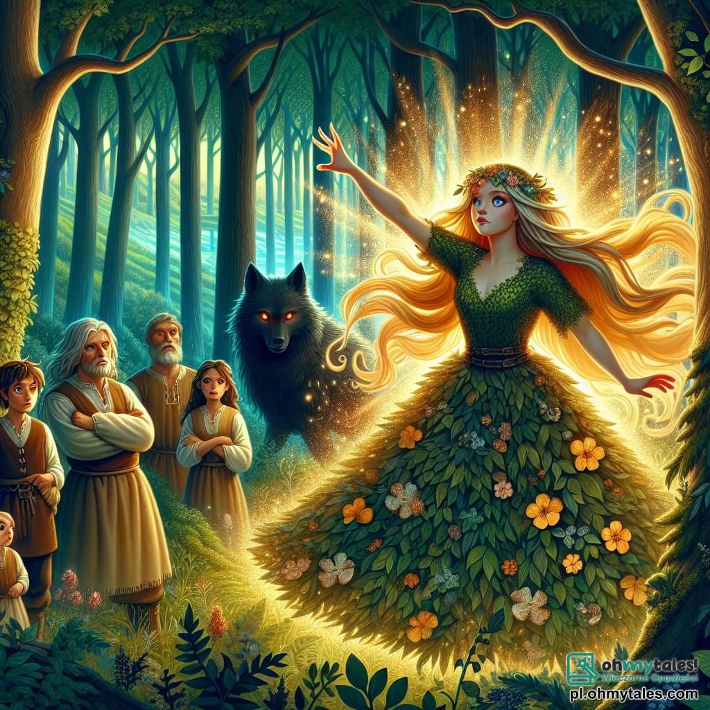 Ilustracja przedstawiająca zaczarowaną polanę w sercu gęstego lasu, gdzie majestatyczne drzewa wznoszą się ku niebu, a ich liście błyszczą jak szmaragdy w świetle słońca. W centrum polany stoi młoda kobieta o długich, złotych włosach, falujących jak miodowe fale, z determinacją. Jej oczy świecą magicznym blaskiem, a na sobie ma suknię z liści i kwiatów, która wydaje się łączyć z otaczającą naturą. Wokół niej grupa wieśniaków, mężczyzn i kobiet w średnim wieku, z twarzami naznaczonymi zmartwieniem, stoi gotowa, by jej słuchać. Noszą proste lniane ubrania w ziemistych kolorach, a ich spojrzenia pełne są nadziei i zaufania. Młoda kobieta unosi ramiona, emitując jasne światło, które odpędza zagrażające cienie zbliżające się do nich, symbolizując walkę z nadchodzącym niebezpieczeństwem. W tle stoi wielki czarny wilk o czerwonych oczach, reprezentujący zagrożenie, gotowy do ataku, podczas gdy z bohaterki emanują magiczne promienie światła, oświetlające scenę ochronną aurą. Kolorowe kwiaty i motyle krążą wokół nich, dodając odrobinę magii do tej heroicznej konfrontacji.