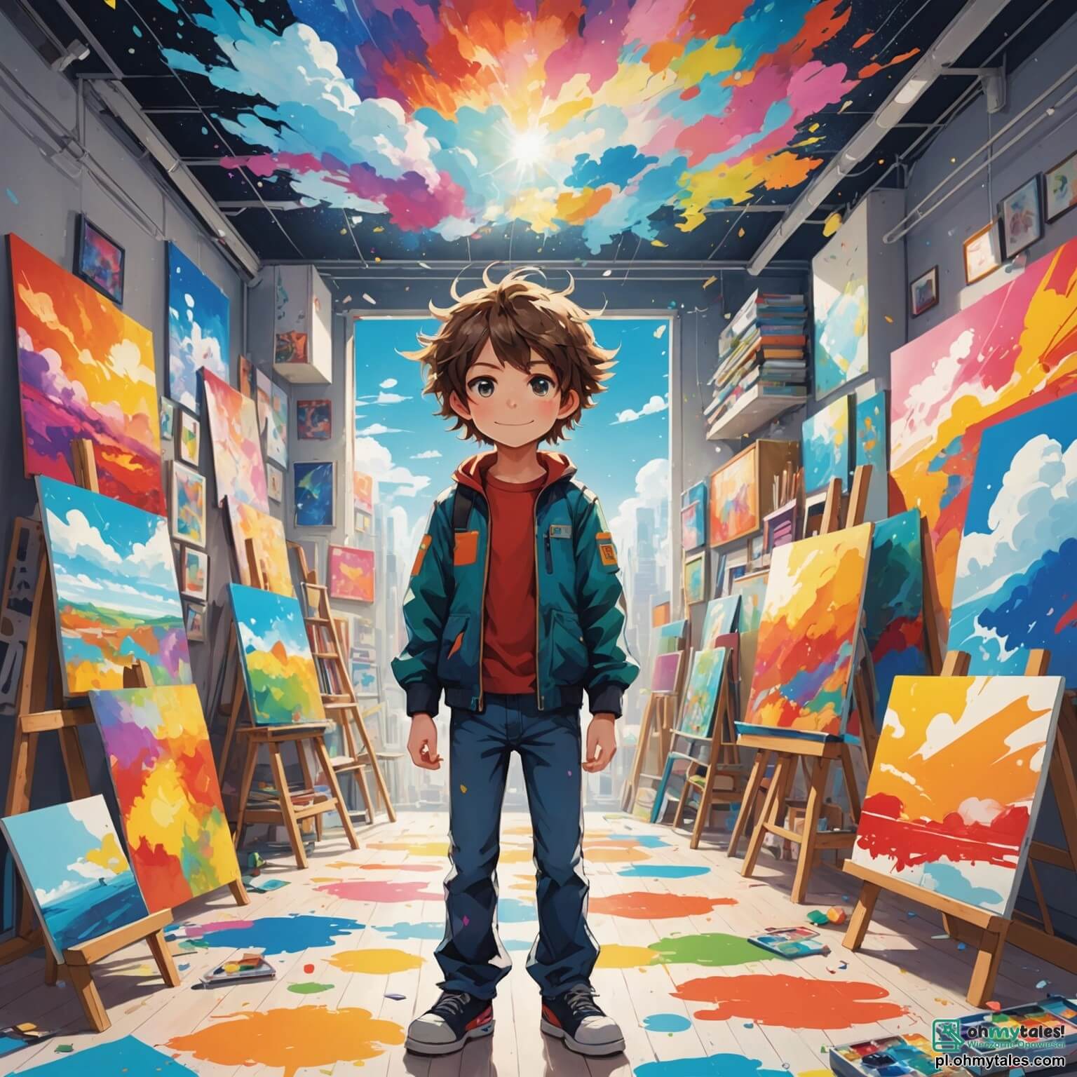 Une illustration destinée aux enfants représentant un homme au sourire chaleureux, aux cheveux ébouriffés comme des nuages de peinture, se tenant au milieu d'une vaste et lumineuse atelier où les murs sont tapissés de toiles éclatantes, de couleurs vives et de formes fantastiques, tandis qu'il guide avec passion une fille aux yeux pétillants et un garçon curieux, tous deux armés de pinceaux et de palettes, dans une aventure artistique où ils découvrent ensemble la magie des couleurs et l'expression de leurs émotions à travers l'art, le tout baigné par la douce lumière du soleil filtrant à travers de grandes fenêtres ornées de rideaux légers qui dansent au rythme du vent.