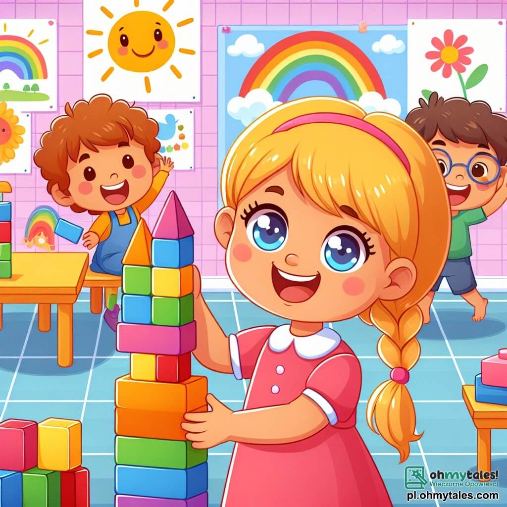 Une illustration sous forme de dessin destinée aux enfants représentant une salle de classe colorée et ensoleillée, avec des murs décorés de dessins d'enfants, où un petit garçon de 3 ans aux cheveux châtains et aux yeux pétillants construit une haute tour de blocs multicolores, tandis qu'une petite fille aux cheveux blonds tressés et portant une robe rose jongle joyeusement avec une balle, et un garçon aux cheveux bruns et aux lunettes chantant avec enthousiasme, le tout illustrant l'égalité des genres et la célébration des rêves de chacun.
