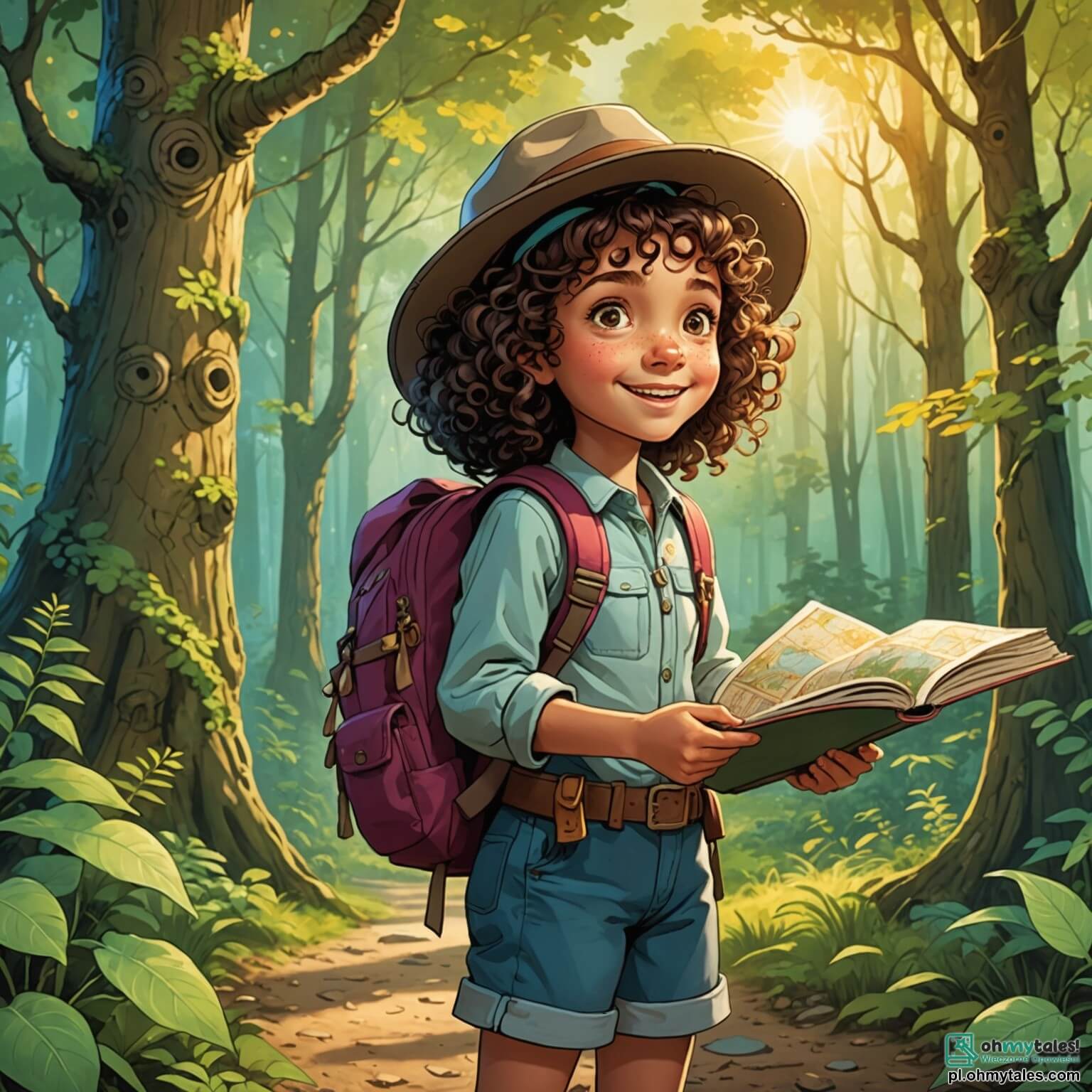 Une illustration destinée aux enfants représentant une petite fille aux cheveux bouclés et aux yeux pétillants d'excitation, portant un chapeau d'exploratrice et un sac à dos coloré, se tenant devant une ancienne carte mystérieuse, tandis qu'à ses côtés, son meilleur ami, un garçon intrépide avec une casquette à l'envers, scrute le paysage d'une vaste et envoûtante forêt aux arbres majestueux, où la lumière du soleil filtre à travers les feuilles, créant des ombres dansantes sur le sol recouvert de mousse et de fleurs sauvages.