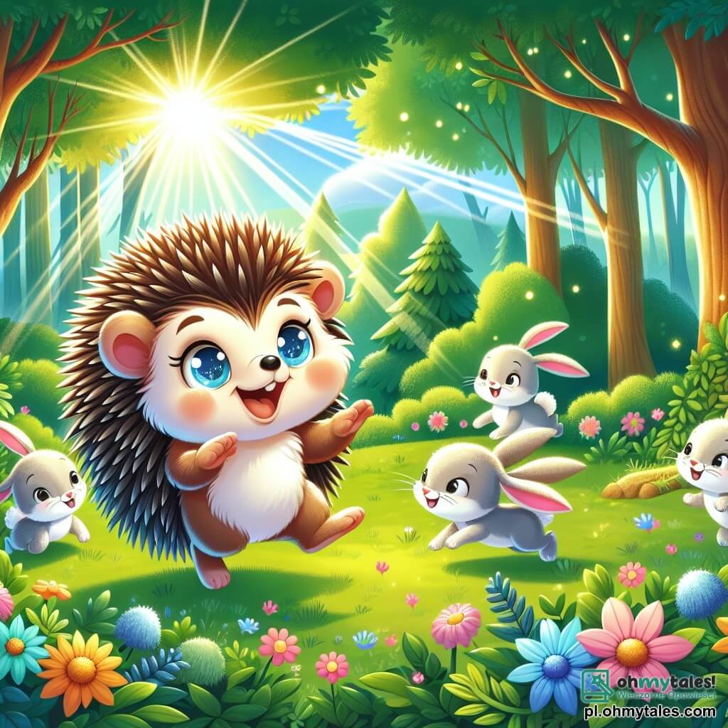 Une illustration sous forme de dessin destinée aux enfants représentant une clairière ensoleillée au cœur d'une forêt verdoyante, où un petit hérisson aux piquants brillants et aux yeux pétillants de curiosité danse joyeusement avec des petits lapins aux pelages doux et moelleux, tandis qu'ils rient et s'amusent ensemble, entourés de fleurs colorées et d'arbres majestueux, capturant l'esprit d'amitié et d'aventure de leur journée magique.