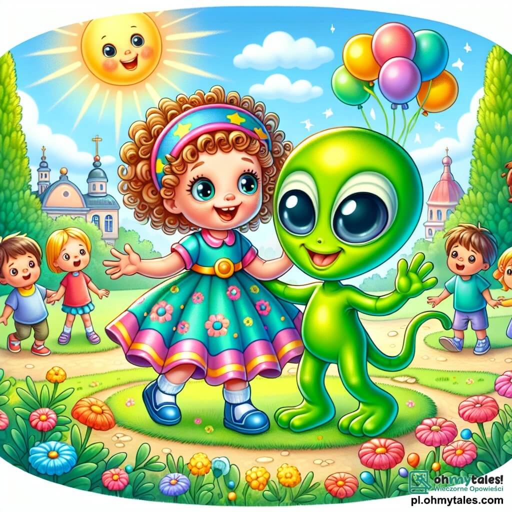 Une illustration sous forme de dessin destinée aux enfants représentant un parc ensoleillé de Słonecznikowo, avec une petite fille de 5 ans aux cheveux bouclés et aux yeux pétillants, vêtue d'une robe colorée, qui joue joyeusement avec un extraterrestre vert à trois bras, aux grands yeux ronds et au sourire amical, tandis qu'un groupe d'enfants curieux les observe avec émerveillement, tous entourés de fleurs éclatantes et de ballons colorés flottant dans l'air, capturant l'instant magique où l'amitié entre les mondes se tisse.
