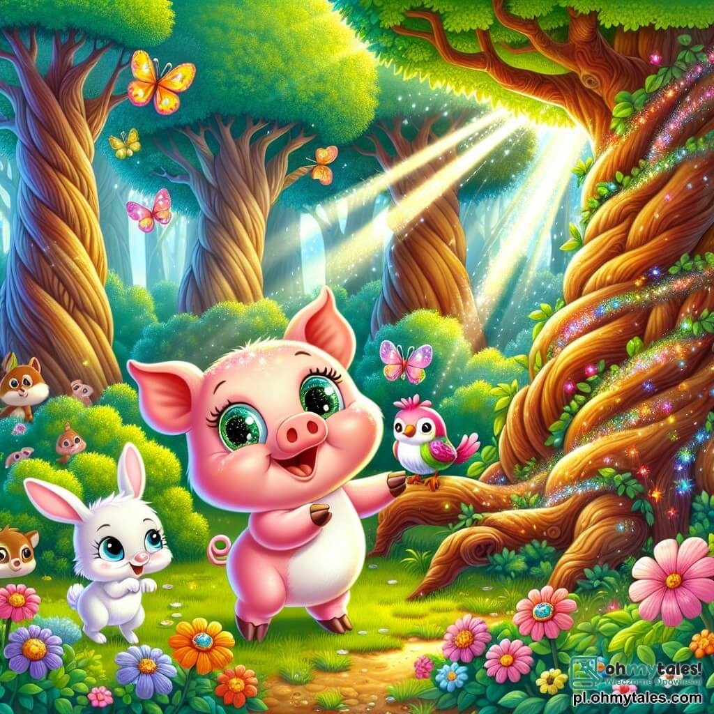Ilustracja przedstawiająca magiczną scenę w zaczarowanym lesie, gdzie wysokie drzewa o sękatych pniach majestatycznie wznoszą się, a ich liście błyszczą tysiącem kolorów w promieniach słońca. W centrum stoi mały różowy świnek, z dużymi, błyszczącymi oczami i okrągłymi uszami, radośnie na tylnych łapkach, z promiennym uśmiechem na twarzy. Otoczony jest kolorowymi kwiatami i motylami krążącymi wokół, podczas gdy wyciąga łapkę, by pomóc małemu ptaszkowi o błyszczących piórach, który wydaje się utknąć w gęstych krzakach. W pobliżu młody królik o długich, białych uszach, z miękkim futrem, obserwuje scenę z ciekawością, gotowy do skoku, by pomóc. Atmosfera jest wypełniona radością i przyjaźnią, z promieniami światła przenikającymi przez liście, tworząc ciepłą i przyjazną atmosferę. Małe leśne stworzenia, takie jak wiewiórki i jeże, kryją się za drzewami, obserwując scenę z mieszanką zdumienia i ekscytacji.