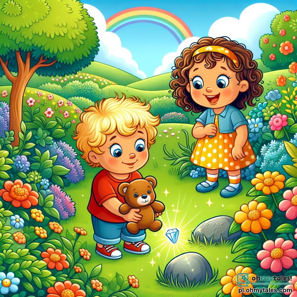 Une illustration sous forme de dessin destinée aux enfants représentant un jardin enchanté rempli de fleurs colorées et de verdure luxuriante, où un garçon de 3 ans aux cheveux blonds et bouclés, portant un t-shirt rouge et un short bleu, tient un petit ours en peluche tout en découvrant un scintillant caillou dans l'herbe, accompagné de sa meilleure amie, une fille aux cheveux bruns et crépus, vêtue d'une robe jaune à pois, qui sourit avec émerveillement, illustrant leur aventure joyeuse à la recherche de trésors cachés.