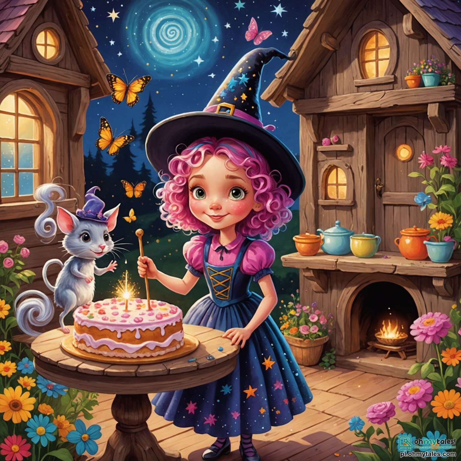Une illustration destinée aux enfants représentant une sorcière pétillante aux cheveux en spirales colorées, vêtue d'une robe scintillante comme un ciel étoilé, se préparant à concocter un gâteau magique dans sa charmante chaumière en bois, entourée de fleurs éclatantes et de papillons dansants, tandis que sa petite amie, une souris rose curieuse, l'observe avec des yeux brillants d'émerveillement.