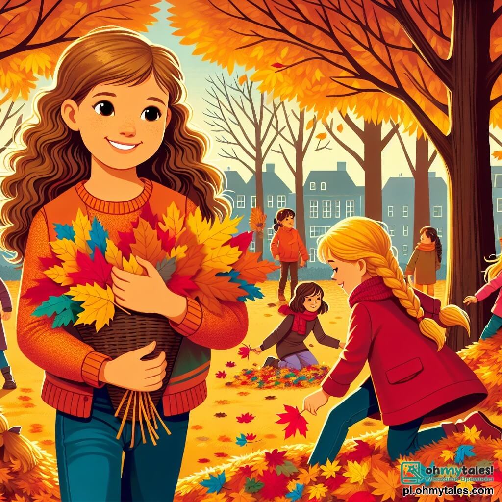 Une illustration sous forme de dessin destinée aux enfants représentant un parc d'automne aux couleurs éclatantes, avec des arbres aux feuilles dorées et des enfants jouant dans des tas de feuilles, au premier plan une fille de 9 ans aux cheveux bruns et bouclés, portant un pull orange et un jean, qui sourit en tenant un bouquet de feuilles colorées, tandis qu'à côté d'elle, une autre fille aux cheveux blonds tressés, vêtue d'une veste rouge, l'aide à ramasser des feuilles pour créer un collage, illustrant leur enthousiasme et leur amitié dans une journée joyeuse consacrée à la protection de la nature.