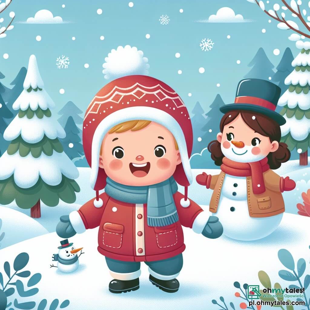 Une illustration sous forme de dessin destinée aux enfants représentant un paysage hivernal féerique avec un doux manteau de neige recouvrant un parc, où un petit garçon de 1 an, aux cheveux blonds et aux joues roses, rit aux éclats en jouant dans la neige, vêtu d'une combinaison rouge avec un bonnet à pompon, tandis que sa maman, une femme souriante aux cheveux bruns, l'observe avec tendresse, et un baigneur en neige, avec un chapeau haut de forme et un nez en carotte, se tient fièrement à côté d'eux, créant une atmosphère joyeuse et magique de l'hiver.