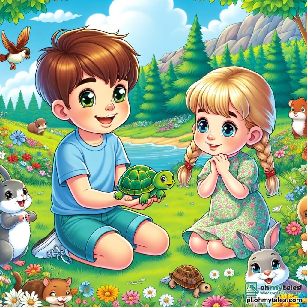 Une illustration sous forme de dessin destinée aux enfants représentant une magnifique prairie verdoyante parsemée de fleurs colorées, où un garçon de 7 ans aux cheveux châtains et aux yeux pétillants, vêtu d'un t-shirt bleu et de shorts, s'agenouille avec un sourire radieux en tenant un petit papier en forme de tortue qu'il a réparé, tandis qu'à ses côtés, une petite fille aux cheveux blonds tressés et portant une robe à fleurs l'observe avec émerveillement, tous deux entourés d'animaux de la forêt, comme des oiseaux chantants et une joyeuse famille de lapins, alors qu'ils s'apprêtent à organiser un grand nettoyage de la prairie pour la protéger des déchets et des menaces environnementales.