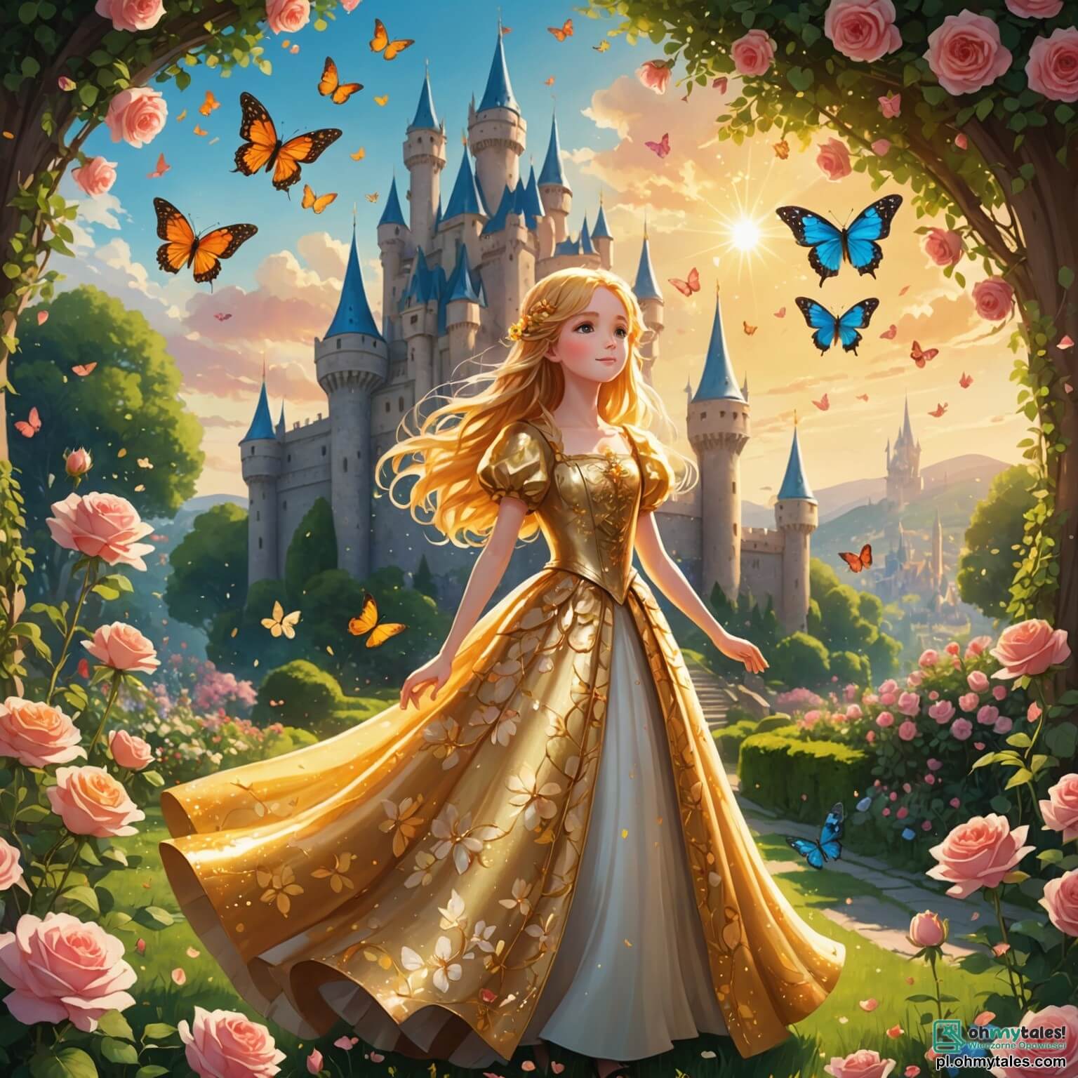 Une illustration destinée aux enfants représentant une jeune fille au cœur pur, aux cheveux dorés comme les rayons du soleil, vêtue d'une robe faite de pétales de fleurs scintillants, se tenant dans un jardin enchanteur où les roses dansent au gré du vent et les papillons colorés virevoltent autour d'elle, tandis qu'en arrière-plan se dresse un majestueux château aux tours étincelantes, où un prince charmant, élégant et courageux, rêve de la retrouver pour l'emmener dans un monde où les rêves deviennent réalité, tandis que sa marâtre, une femme austère au regard perçant, l'observe avec jalousie depuis l'ombre, complotant pour l'empêcher de vivre son conte de fées.