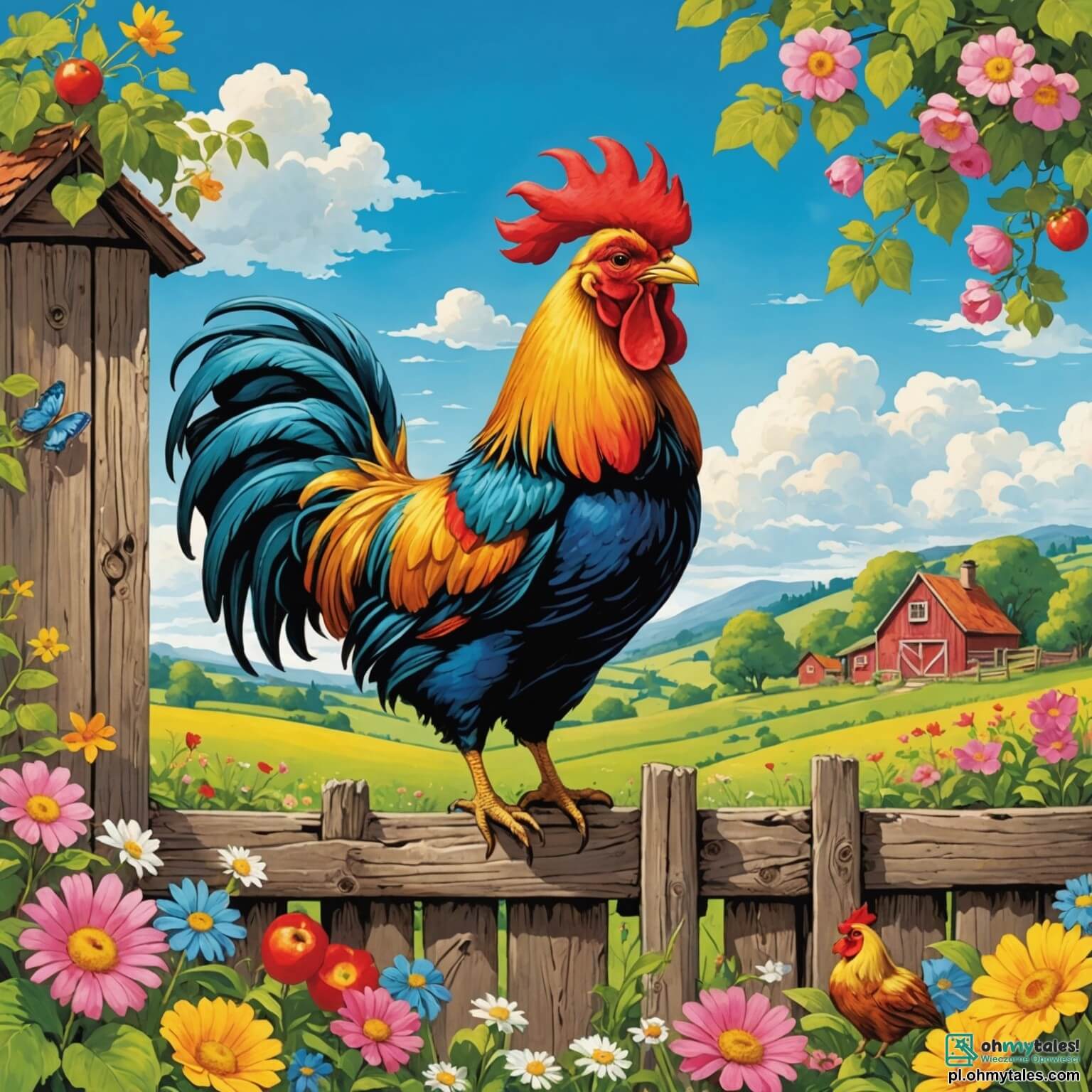 Une illustration destinée aux enfants représentant un coq flamboyant aux plumes dorées, perché sur un vieux muret en bois, chantant de toutes ses forces pour réveiller les animaux de la ferme, tandis qu'une petite cochonne rose aux joues rondes, curieuse et amusée, l'observe depuis le pré verdoyant, entouré de fleurs colorées et d'arbres fruitiers, sous un ciel bleu éclatant parsemé de nuages cotonneux.
