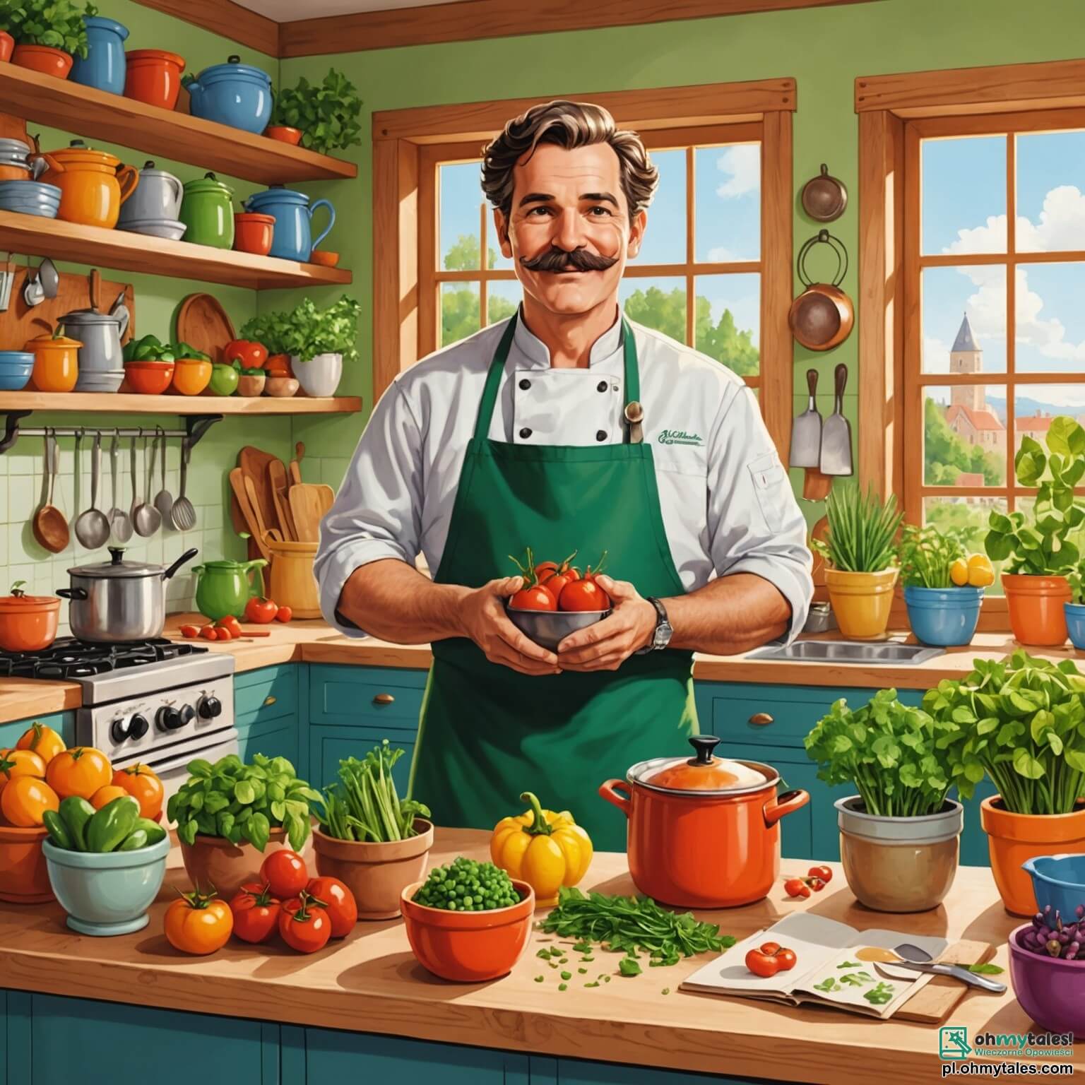 Une illustration destinée aux enfants représentant un chef cuisinier jovial, un homme à la moustache soigneusement taillée et au tablier éclatant de couleurs, se tenant au centre d'une cuisine lumineuse et animée, où les murs sont ornés de pots d'herbes aromatiques et de tableaux de recettes, tandis qu'une grande fenêtre laisse entrer la lumière du soleil, illuminant les ingrédients frais disposés sur un plan de travail en bois, entouré de trois enfants enthousiastes, une fille aux cheveux bouclés, un garçon curieux aux lunettes et une autre fille avec un chapeau de chef trop grand pour elle, tous impatients de découvrir les secrets de la cuisine et de préparer ensemble une délicieuse soupe, créant ainsi une atmosphère de joie et de camaraderie au cœur de cette aventure culinaire.