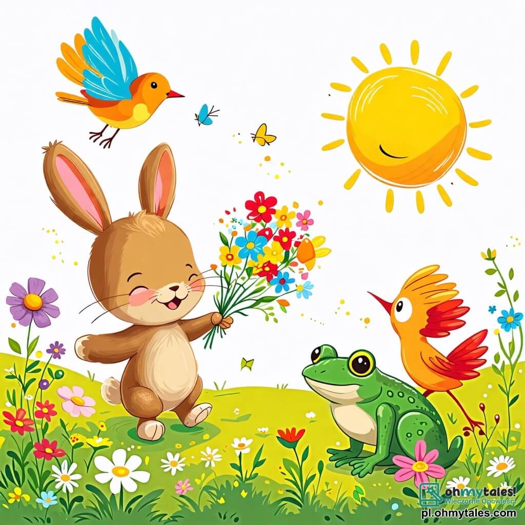 Une illustration sous forme de dessin destinée aux enfants représentant une scène ensoleillée d'une prairie verdoyante, où un petit lapin aux grandes oreilles et au pelage doux et brun, joyeusement en train de sauter, est entouré de ses amis : un oiseau coloré aux plumes vives qui vole autour de lui et une grenouille verte assise sur une feuille, tous trois admirant un magnifique bouquet de fleurs colorées qu'ils viennent de cueillir, symbolisant l'amitié et la joie de partager.