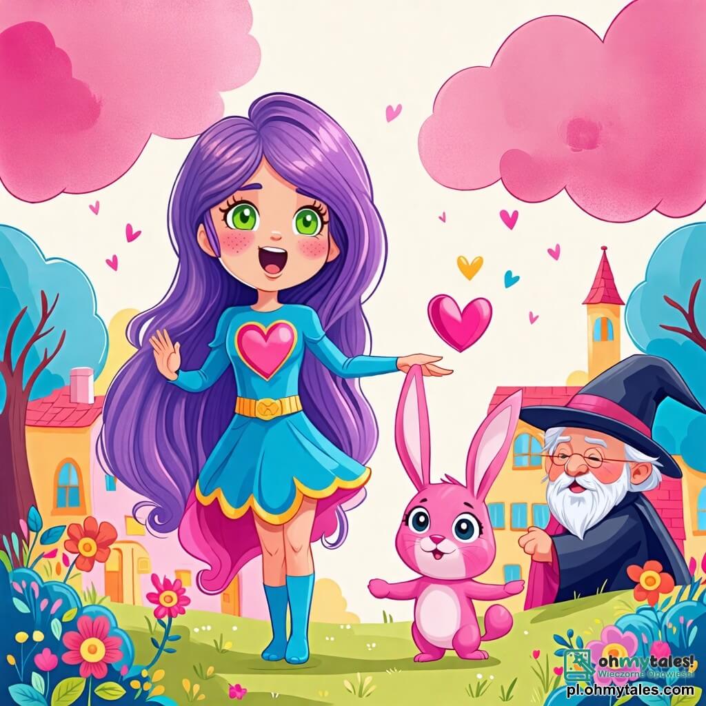 Une illustration sous forme de dessin destinée aux enfants représentant un mignon miasteczko coloré avec des nuages roses et des arbres aux feuilles bleues, où une super-héroïne aux longs cheveux violets et aux yeux verts, vêtue d'un costume bleu avec un grand cœur sur la poitrine, chante joyeusement en tenant la main d'un petit garçon, un adorable lapin rose, qui regarde avec émerveillement, tandis qu'un ancien sorcier au chapeau noir, surpris par la magie de leur amitié, commence à faire pousser des fleurs colorées autour d'eux, symbolisant la victoire de la gentillesse sur la méchanceté.