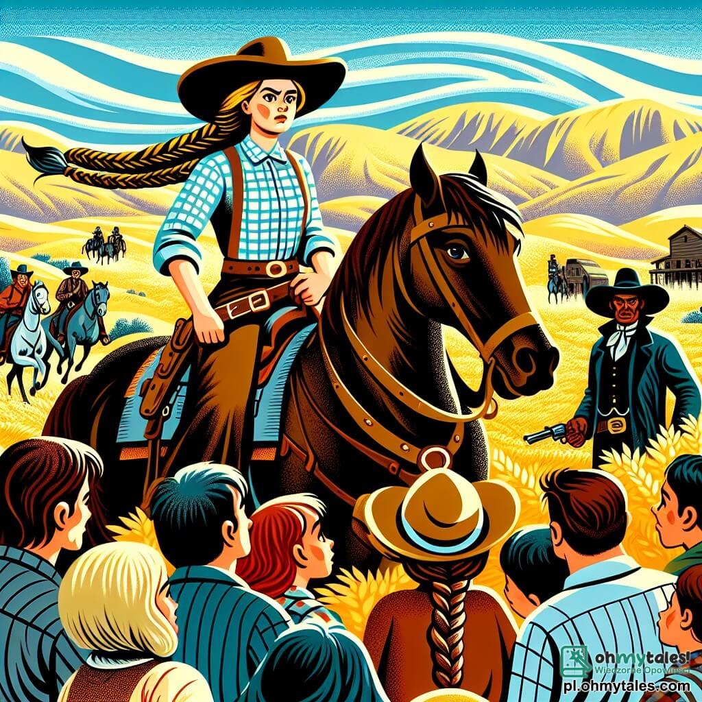Une illustration sous forme de dessin destinée aux enfants représentant un vaste paysage du Far West avec des collines dorées et un ciel bleu éclatant, au centre une courageuse cow-boy femme aux longs cheveux bruns tressés, portant un grand chapeau de cowboy et une chemise à carreaux, qui se tient fièrement sur son cheval rapide, Rufus, tandis qu'un groupe de villageois inquiets, des hommes et des femmes aux visages anxieux, se rassemblent autour d'eux, observant la confrontation avec un méchant cowboy, un homme grand et musclé avec un chapeau noir, qui menace de voler leur argent, illustrant le moment où la cow-boy femme défie le bandit pour protéger sa communauté.