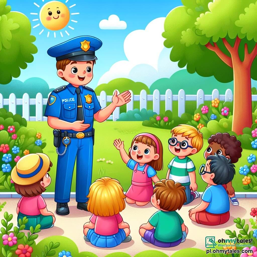 Une illustration sous forme de dessin destinée aux enfants représentant un parc ensoleillé avec des arbres verdoyants et des fleurs colorées, où un jeune policier homme, portant un uniforme bleu et une casquette, sourit tout en expliquant son métier à un groupe d'enfants : une petite fille aux cheveux bruns et une robe rose, écoutant attentivement, un garçon aux cheveux blonds et un t-shirt rouge, levant la main pour poser une question, et un autre garçon avec des lunettes, tenant une petite badge en plastique, tous fascinés par l'idée de devenir des héros comme lui.