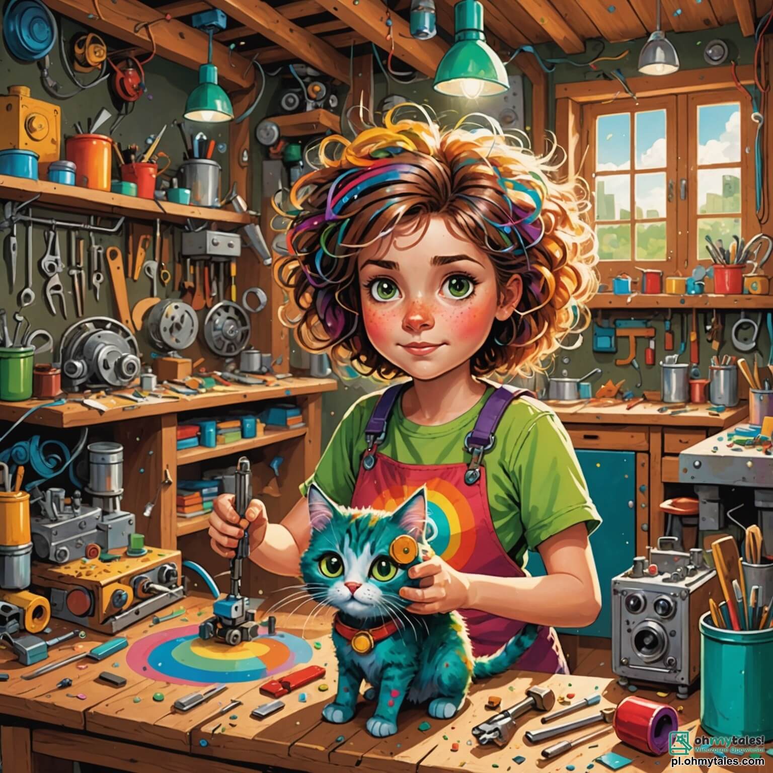 Une illustration destinée aux enfants représentant une femme aux cheveux en désordre, parsemés de couleurs vives comme un arc-en-ciel, entourée de machines bizarres et scintillantes dans son atelier chaotique, où des outils et des pièces de toutes sortes sont éparpillés sur des tables en bois, tandis qu'un chat espiègle aux yeux verts pétillants, son fidèle compagnon, observe avec curiosité une invention farfelue qui promet de transformer des objets perdus en trésors retrouvés, le tout dans un petit village pittoresque aux maisons colorées et aux jardins fleuris.