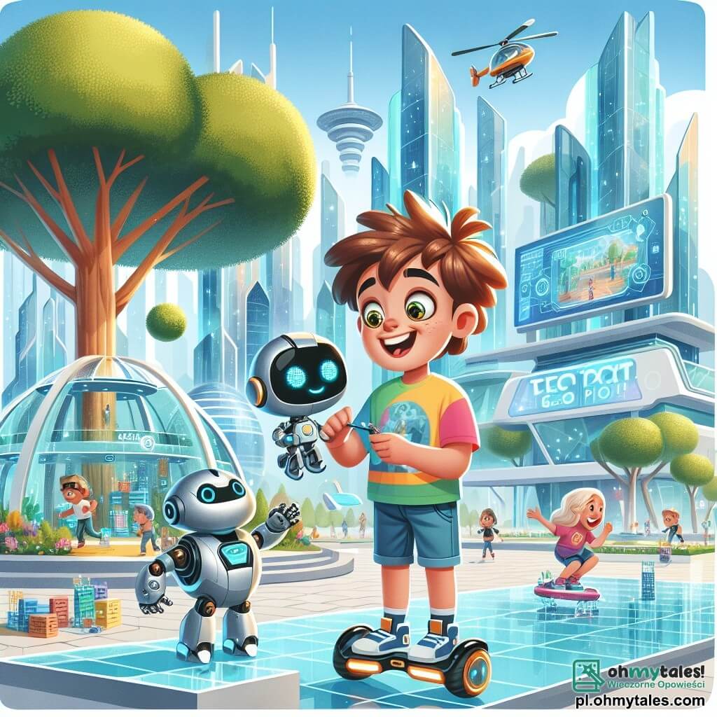 Une illustration sous forme de dessin destinée aux enfants représentant un parc technologique futuriste à Neotropolis, avec des arbres géants et des bâtiments en verre scintillant, où un garçon de 11 ans aux cheveux bruns ébouriffés et aux yeux pétillants, vêtu d'un t-shirt coloré et d'un short, est en train de construire un petit robot dans une zone de création, tandis qu'un robot amical aux yeux ronds et au corps métallique, nommé Zigi, l'encourage avec enthousiasme, et en arrière-plan, d'autres enfants s'amusent sur des hoverboards et interagissent avec des kiosques technologiques, illustrant l'excitation et l'innovation de ce monde futuriste.
