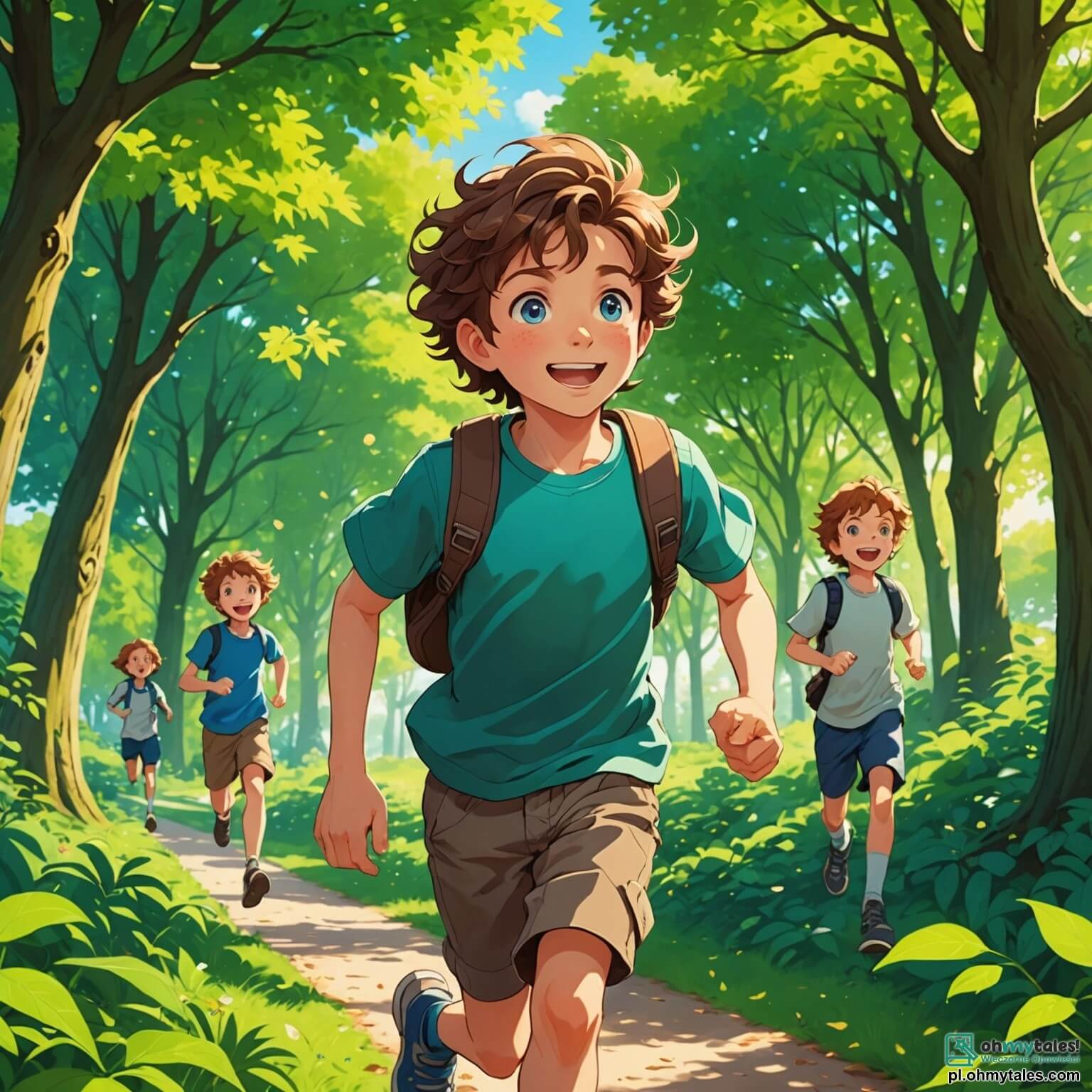 Une illustration destinée aux enfants représentant un garçon de 10 ans, aux cheveux bruns ébouriffés et aux yeux pétillants de curiosité, courant joyeusement dans un parc verdoyant où les rayons du soleil dansent à travers les feuilles des arbres majestueux, entouré de rires d'autres enfants, dont une fille aux boucles dorées et aux yeux bleus, qui devient rapidement sa nouvelle amie, alors qu'ils découvrent ensemble les merveilles de la nature, comme un petit ruisseau scintillant et des fleurs colorées, tout en partageant des rêves et des rires, dans ce havre de paix où l'amitié naissante prend racine.