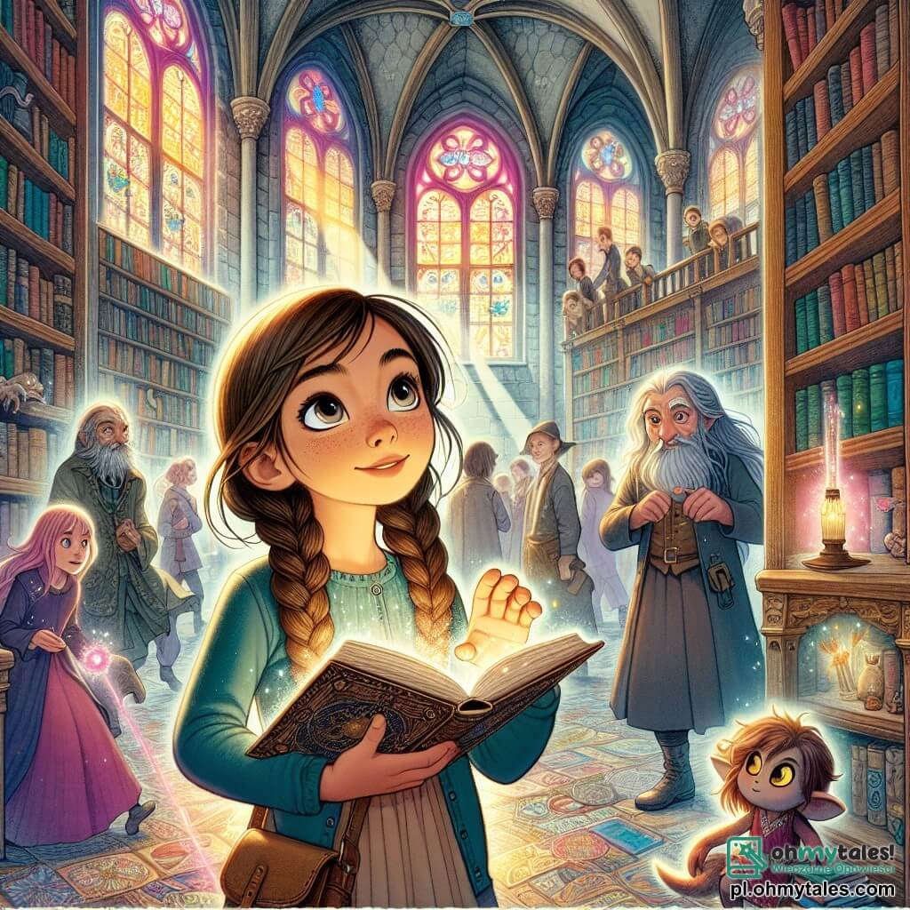 Une illustration destinée aux enfants représentant une jeune fille aux longs cheveux bruns tressés, aux yeux pétillants de curiosité, se tenant au cœur d'une vieille bibliothèque aux murs tapissés de livres poussiéreux, où des rayons de lumière filtrent à travers des vitraux colorés, tandis qu'elle découvre une mystérieuse tome magique qui l'entraîne dans une aventure palpitante à travers les rues animées de Wrocław, où des créatures fantastiques se cachent parmi les passants, accompagnée d'une sage vieille femme aux cheveux argentés, gardienne des secrets de la magie urbaine, et d'un petit esprit espiègle aux yeux brillants, tous deux prêts à l'aider à retrouver un artefact volé par un redoutable sorcier, dans un monde où l'ancien et le moderne se mêlent harmonieusement.