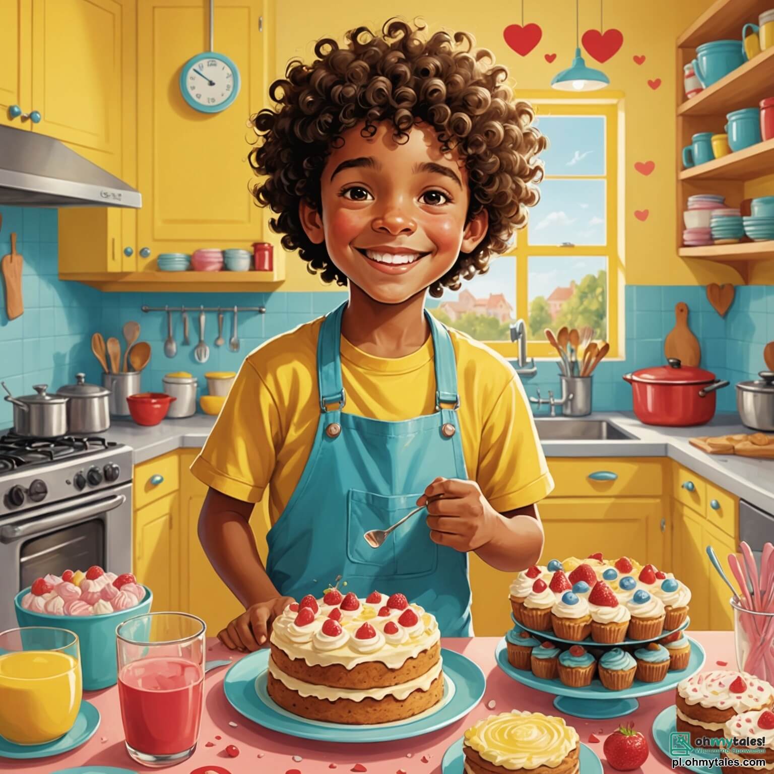 Une illustration destinée aux enfants représentant un garçon aux cheveux bouclés et au sourire éclatant, débordant d'énergie et d'enthousiasme, se tenant dans une cuisine chaleureuse et colorée, où les murs sont peints d'un doux jaune pastel et décorés de dessins d'animaux, tandis que le parfum sucré de gâteaux fraîchement cuits flotte dans l'air, alors qu'il s'apprête à organiser une fête de la Saint-Valentin pour sa famille, entouré de sa maman, une femme joyeuse et créative, et de ses grands-parents, des personnes âgées pleines de sagesse et de tendresse, tous réunis pour célébrer l'amour et l'amitié dans une ambiance festive et chaleureuse.