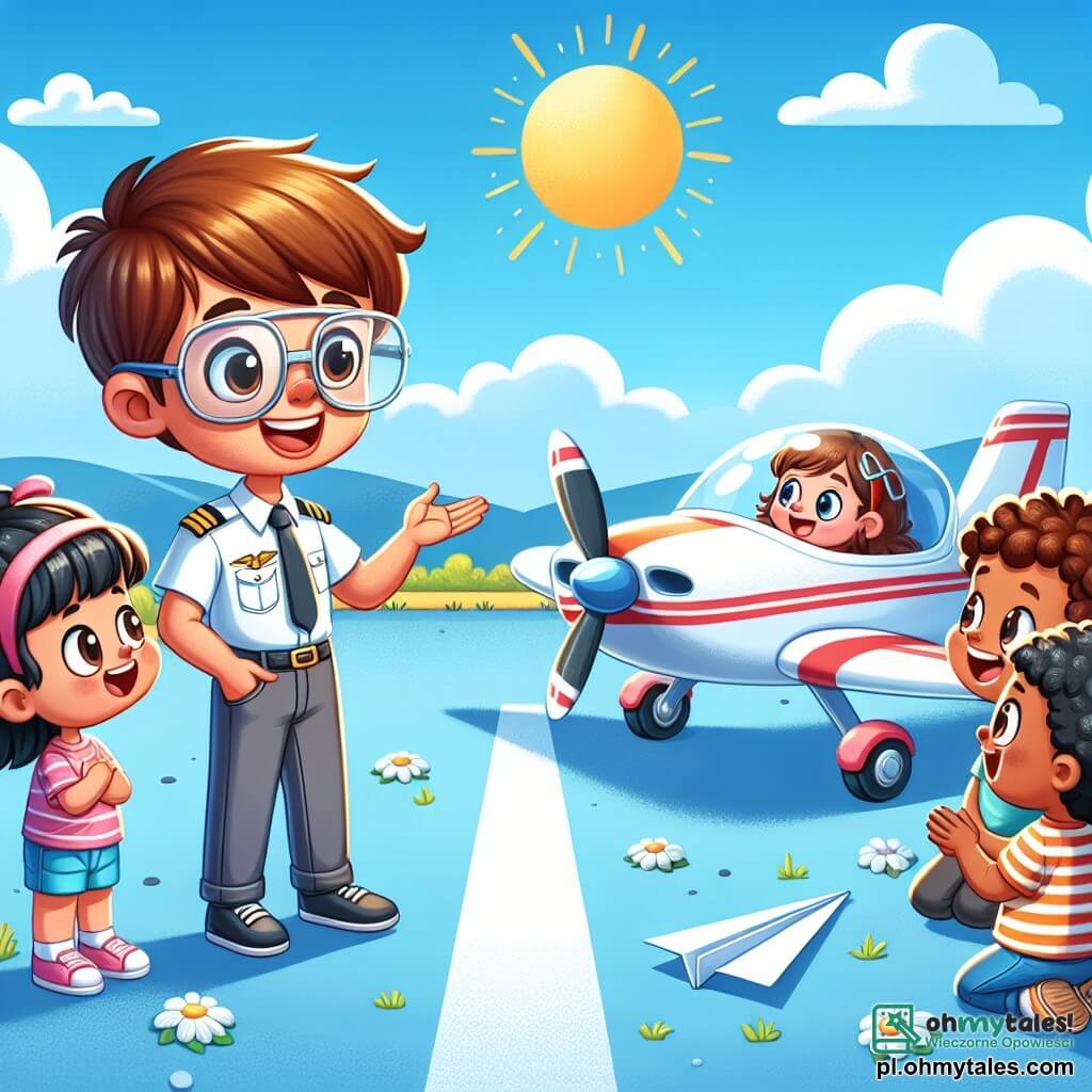 Une illustration sous forme de dessin destinée aux enfants représentant un petit aérodrome ensoleillé avec un ciel bleu éclatant, où un jeune homme aux cheveux bruns et aux lunettes de pilote se tient à côté de son petit avion blanc aux rayures rouges, souriant et expliquant avec enthousiasme le pilotage à un groupe d'enfants, dont un garçon aux yeux écarquillés et une fille aux cheveux bouclés qui l'écoutent avec admiration, tandis qu'un autre garçon s'amuse à lancer un avion en papier, créant une atmosphère joyeuse et inspirante de rêves de vol et d'aventures aériennes.