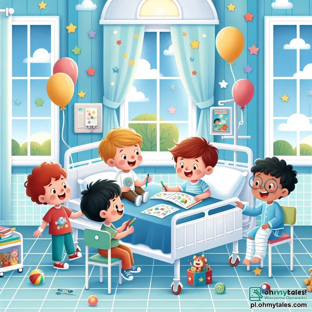 Ilustracja przedstawiająca jasny i przytulny pokój szpitalny, z niebieskimi ścianami i dekoracjami w chmury i gwiazdy. W centrum znajduje się łóżko szpitalne z kolorowymi prześcieradłami, otoczone zabawkami i książkami. W tej scenie czterech chłopców w wieku około pięciu lat jest razem. Pierwszy chłopiec ma brązowe włosy i nosi czerwoną koszulkę, siedzi na łóżku z szerokim uśmiechem, trzymając kredki. Drugi chłopiec, blondyn w niebieskiej piżamie, pochyla się nad kartką papieru, skupiony na rysunku. Trzeci chłopiec, z czarnymi włosami i okularami, z entuzjazmem przygląda się rysunkowi drugiego chłopca. Czwarty chłopiec, z brązowymi włosami i bandażem na nodze, siedzi na krześle obok, śmiejąc się i trzymając książkę z bajkami. Główna sytuacja pokazuje chłopców dzielących się śmiechem i historiami, wspólnie tworzących kolorowe rysunki, ilustrując ich przyjaźń i odwagę w obliczu choroby. Kolorowe balony unoszą się pod sufitem, a otwarte okno wpuszcza światło słoneczne, dodając radosnej i ciepłej atmosfery do sceny.