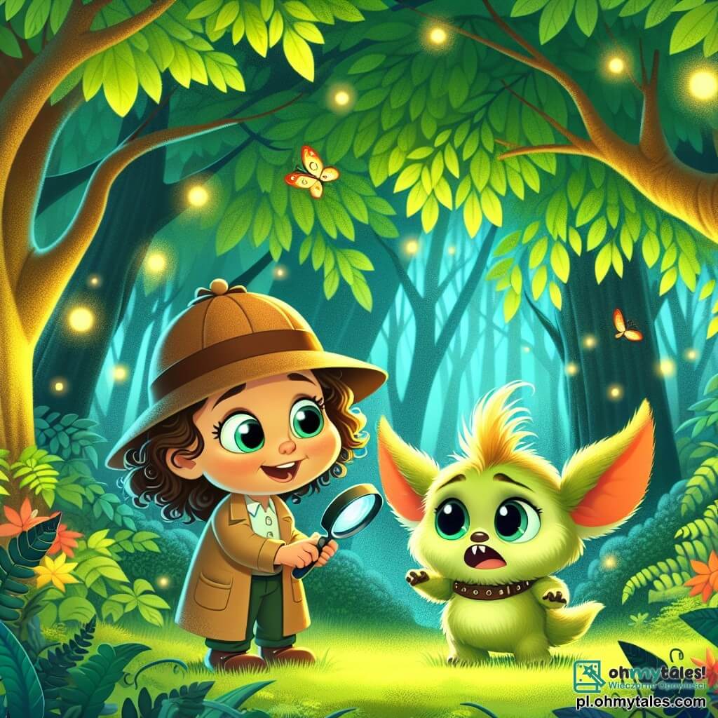 Une illustration sous forme de dessin destinée aux enfants représentant un magnifique et mystérieux forêt verdoyante, avec de grands arbres aux feuilles éclatantes, où une petite fille de 5 ans aux cheveux bouclés et aux yeux pétillants, portant un chapeau de détective et tenant une loupe, cherche avec enthousiasme une petite créature magique, un skrzat, qui a l'air inquiet avec son chapeau pointu et ses oreilles pointues, tandis que des lucioles colorées dansent autour d'eux, illuminant la scène d'une douce lumière dorée, capturant l'esprit d'aventure et de camaraderie.