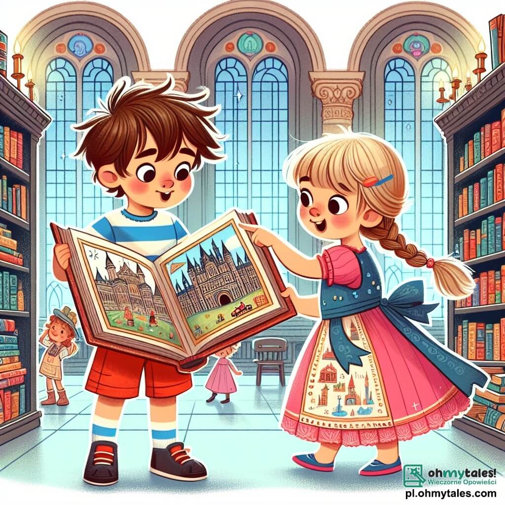 Une illustration sous forme de dessin destinée aux enfants représentant une grande bibliothèque colorée avec des étagères remplies de livres, où un garçon de 3 ans aux cheveux bruns en désordre et portant un t-shirt rayé bleu et un short rouge, tient une vieille livre ouverte, l'air émerveillé, tandis qu'à ses côtés, une petite fille de 3 ans aux cheveux blonds tressés et vêtue d'une robe rose, pointe du doigt un dessin d'un château dans le livre, tous deux plongés dans l'excitation de découvrir un mystère caché.