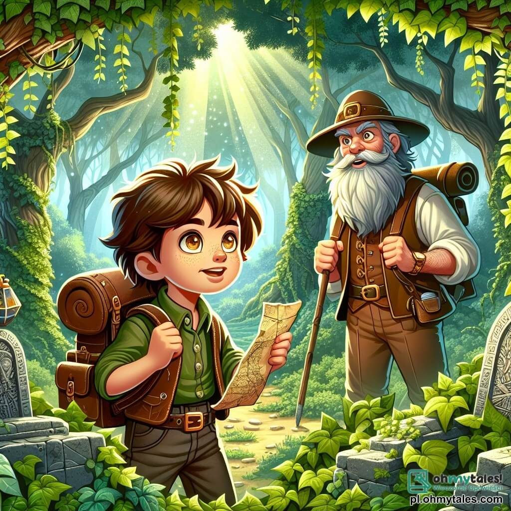 Une illustration sous forme de dessin destinée aux enfants représentant une forêt dense et mystérieuse avec des arbres majestueux et des rayons de soleil filtrant à travers le feuillage, au premier plan un jeune garçon aux cheveux bruns et aux yeux pétillants, portant un sac à dos et tenant une vieille carte, explorant avec curiosité des ruines anciennes recouvertes de lierre, tandis qu'à ses côtés se tient un homme plus âgé, avec une longue barbe grise et un chapeau d'explorateur, qui observe attentivement les alentours, tous deux sur le point de découvrir un trésor caché, entourés de pierres anciennes et de mystères à résoudre.