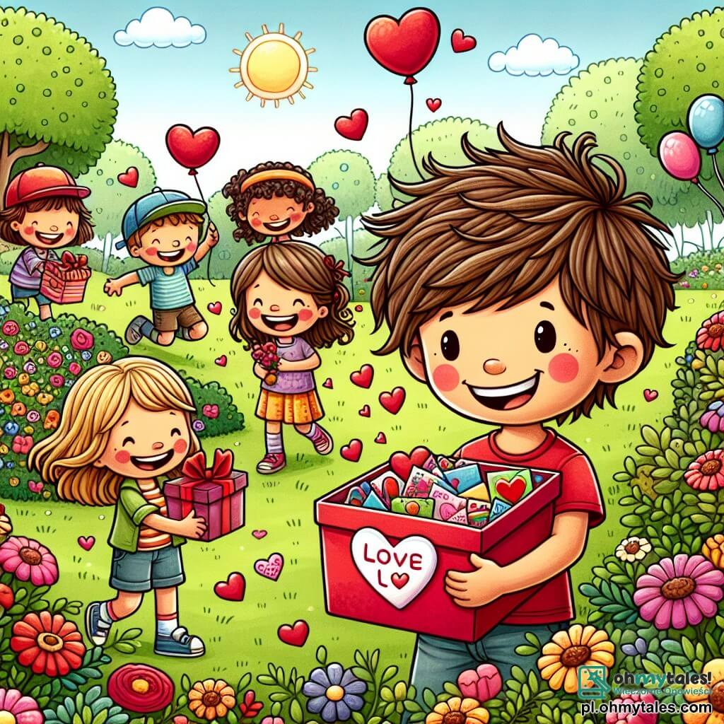 Une illustration sous forme de dessin destinée aux enfants représentant un parc ensoleillé rempli de fleurs colorées, où un garçon de 11 ans avec des cheveux bruns en désordre et un large sourire tient un grand carton rouge rempli de cartes de Saint-Valentin, entouré de ses amis : une fille aux longs cheveux blonds qui rit joyeusement, un garçon portant une casquette et une fille avec des ballons colorés, tous cherchant des cœurs cachés dans l'herbe, illustrant l'excitation d'un jeu de chasse au trésor pour célébrer l'amitié et l'amour.