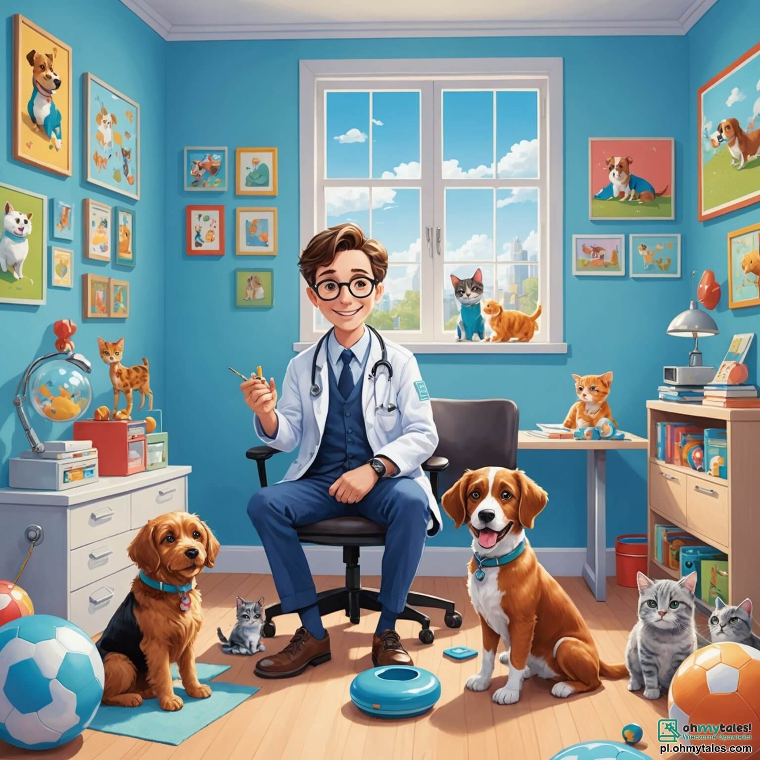 Une illustration destinée aux enfants représentant un vétérinaire au sourire chaleureux, un homme aux cheveux bruns et aux lunettes rondes, entouré de jouets en forme de chiens et de chats dans son cabinet lumineux aux murs peints en bleu pastel, où des posters colorés d'animaux ornent les murs, tandis qu'une petite fille aux yeux pétillants observe avec émerveillement un chiot espiègle qui remue la queue, créant une ambiance joyeuse et accueillante.