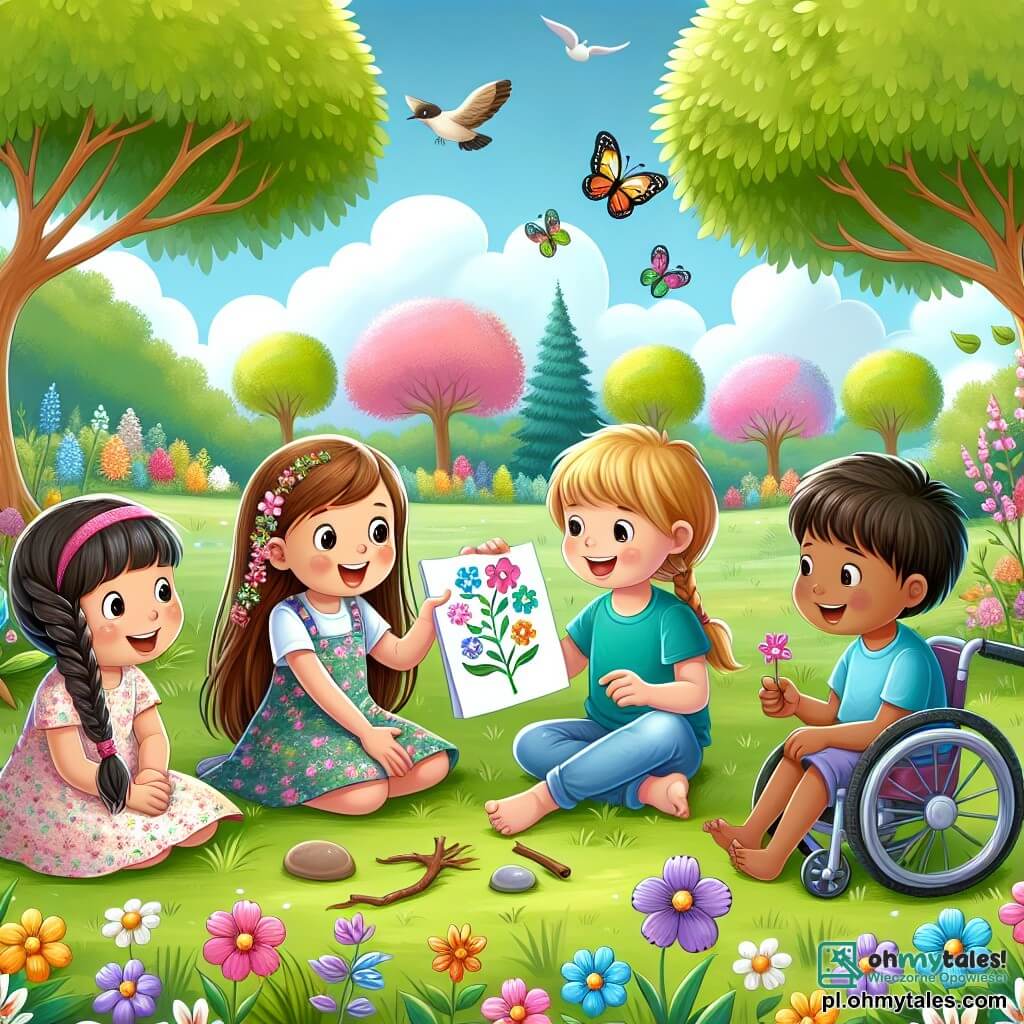 Ilustracja przedstawiająca park w pełnym rozkwicie wiosną, z drzewami o jasnozielonych liściach i kolorowymi kwiatami wyrastającymi z ziemi. W centrum znajduje się grupa czterech dzieci, dwóch chłopców i dwóch dziewczynek, siedzących w kręgu na zielonej trawie. Pierwsza dziewczynka, mająca około siedmiu lat, ma długie, plecione brązowe włosy i nosi sukienkę w kwiaty. Radośnie się uśmiecha, trzymając kolorowy rysunek przedstawiający kwiaty. Drugie dziecko, chłopiec w wieku siedmiu lat, ma rozczochrane blond włosy i nosi niebieską koszulkę. Pokazuje ładnego motyla, którego odkrył. Trzecia dziewczynka, również siedmioletnia, ma kasztanowe włosy i nosi różową koszulkę. Trzyma mały kamyk w kształcie serca i z zachwytem patrzy na swoich przyjaciół. Ostatni chłopiec, także siedmioletni, jest na wózku inwalidzkim i ma brązowe włosy. Trzyma znaleziony kijek i uśmiecha się, dzieląc się swoim entuzjazmem. W tle widać kwitnące drzewa, ptaki śpiewające na gałęziach oraz jasnoniebieskie niebo z białymi chmurami. Atmosfera jest radosna i pełna życia, ilustrując zachwyt dzieci wobec odkryć wiosny.