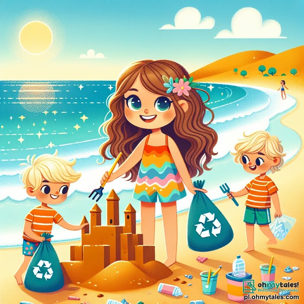 Une illustration sous forme de dessin destinée aux enfants représentant une belle plage ensoleillée avec des dunes de sable doré et un lac bleu scintillant, où une fille de 7 ans aux longs cheveux bouclés et aux yeux pétillants, vêtue d'un maillot de bain coloré, est en train de construire un grand château de sable tout en ramassant des déchets plastiques autour d'elle, tandis qu'un groupe d'enfants, dont un garçon aux cheveux blonds et une fille aux cheveux bruns, l'aide joyeusement en tenant des sacs poubelles, illustrant ainsi l'importance de protéger la planète et de prendre soin de l'environnement.