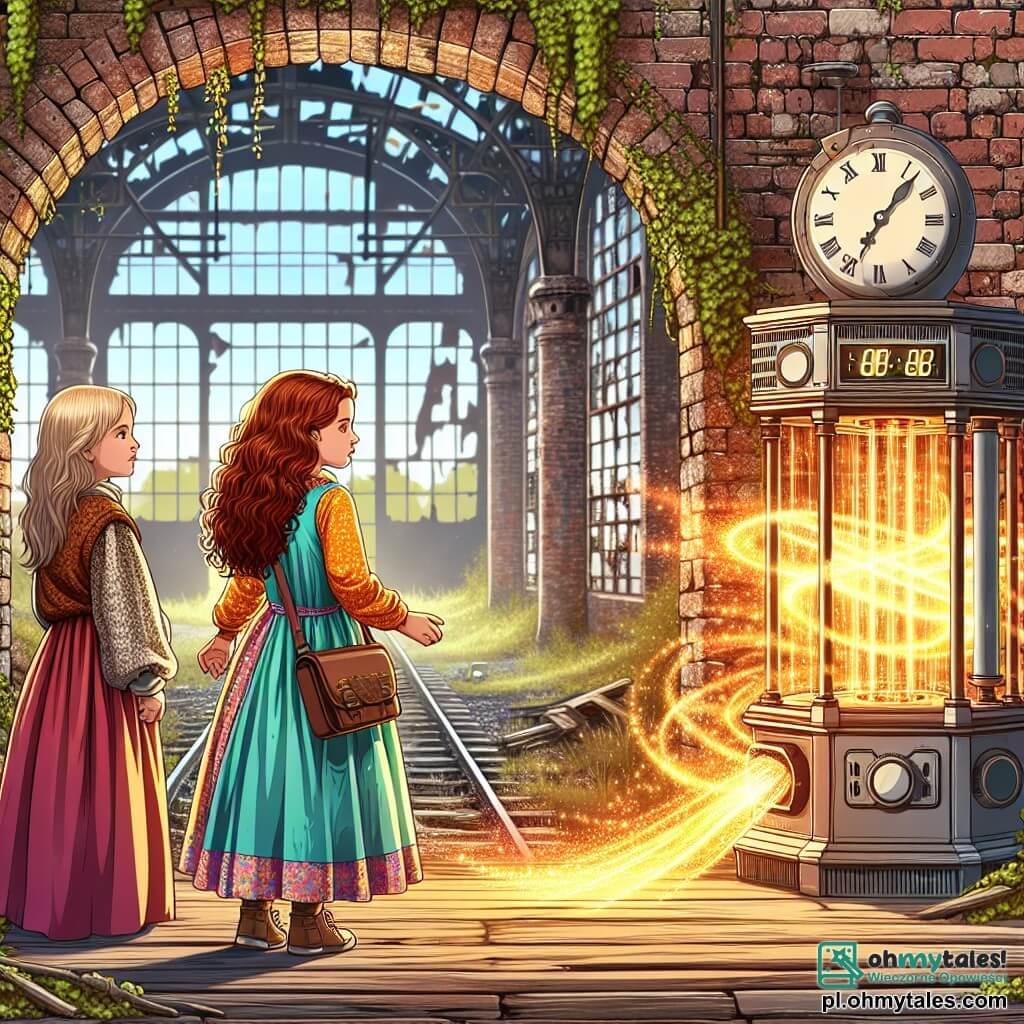 Une illustration sous forme de dessin destinée aux enfants représentant une vieille stazione de train abandonnée, avec des murs en briques recouverts de lierre et des fenêtres brisées, où une fille de 9 ans aux longs cheveux bouclés couleur châtaigne, vêtue d'une robe colorée, se tient émerveillée devant une machine à voyager dans le temps qui émet des étincelles magiques, tandis qu'à ses côtés, une autre petite fille aux cheveux blonds et aux yeux pétillants, portant une tunique médiévale, regarde avec curiosité, alors qu'elles s'apprêtent à partir pour une aventure incroyable à travers le temps.