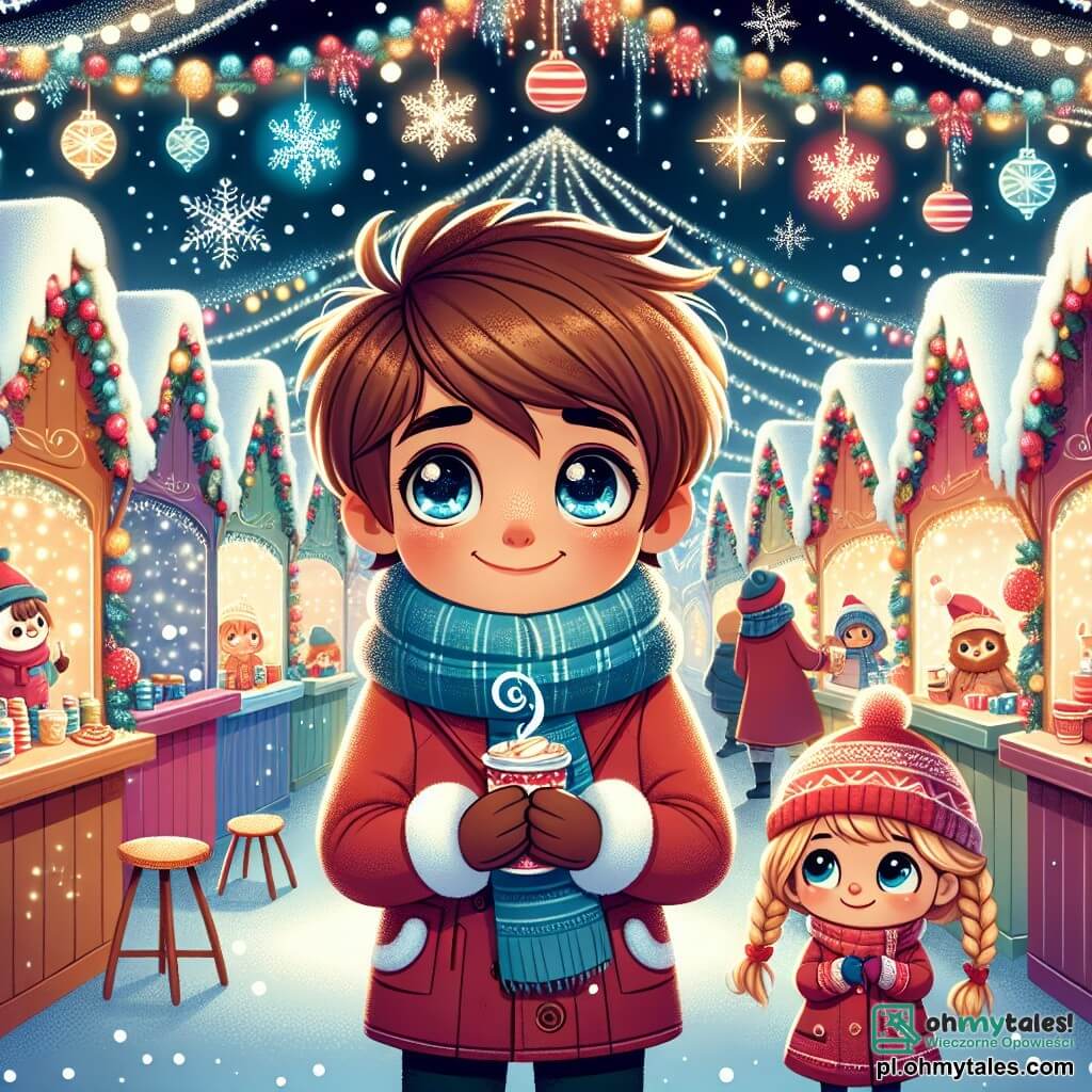Une illustration sous forme de dessin destinée aux enfants représentant un charmant marché de Noël animé, avec des stands colorés décorés de guirlandes lumineuses et de flocons de neige tombant doucement, au centre un garçon de 11 ans aux cheveux châtains et aux yeux pétillants, vêtu d'un manteau rouge et d'une écharpe bleue, qui sourit en tenant une tasse de chocolat chaud, tandis qu'à ses côtés se trouve une petite fille aux cheveux blonds tressés, portant un bonnet rouge, qui admire des décorations scintillantes, le tout capturant la magie et l'excitation des préparatifs de Noël.