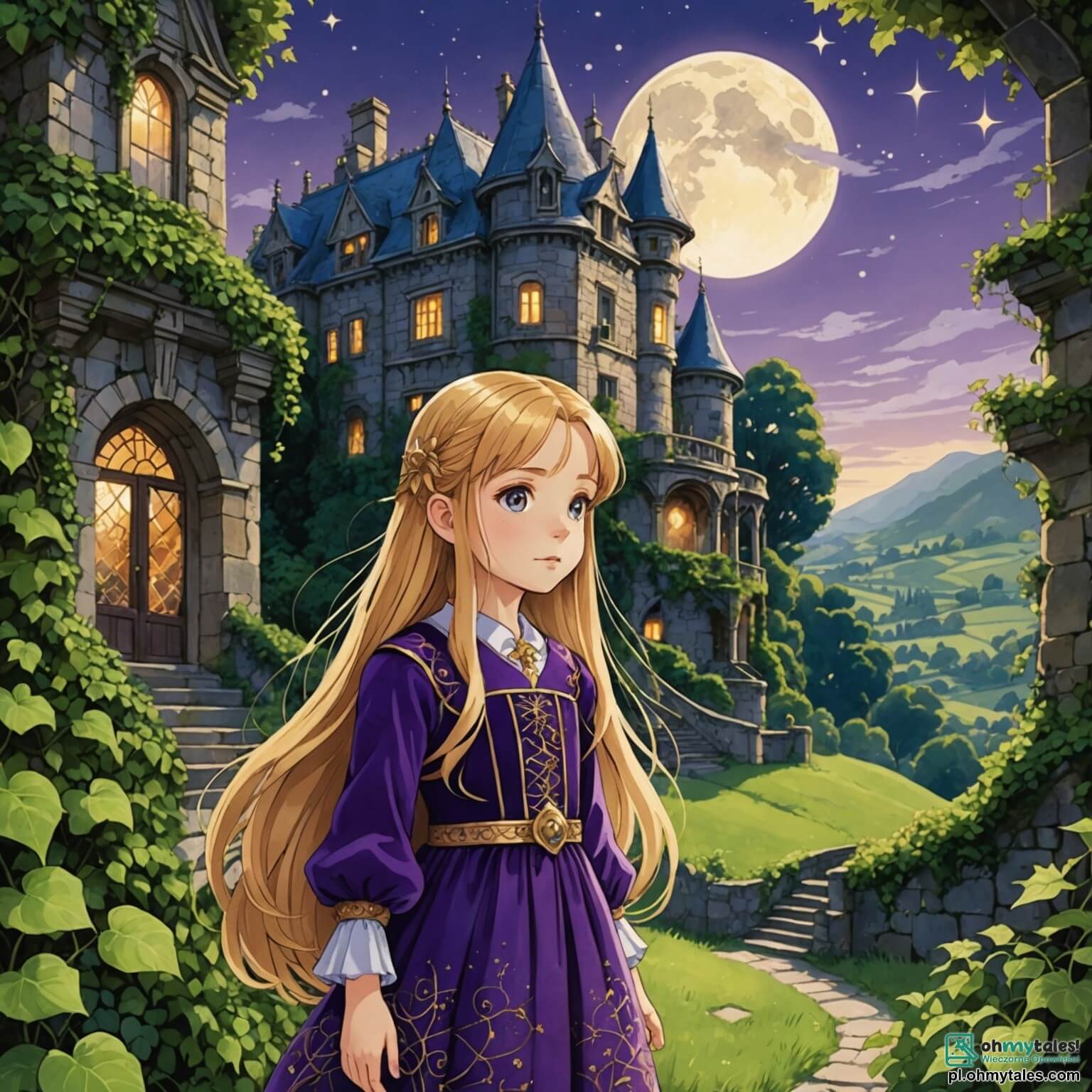 Une illustration destinée aux enfants représentant une jeune fille aux longs cheveux dorés, pétillants de curiosité et d'audace, vêtue d'une robe en velours violet ornée de motifs étoilés, se tenant devant un vieux manoir mystérieux perché sur une colline verdoyante, dont les murs en pierre sont recouverts de lierre et dont les fenêtres, obscurcies par des toiles d'araignées, semblent cacher des secrets anciens, tandis qu'à ses côtés, une sage sorcière aux cheveux argentés, drapée dans une robe flottante et parsemée de runes scintillantes, l'encourage à explorer les arcanes de la magie, alors qu'un vent léger fait danser les feuilles des arbres environnants, créant une atmosphère à la fois envoûtante et légèrement inquiétante.