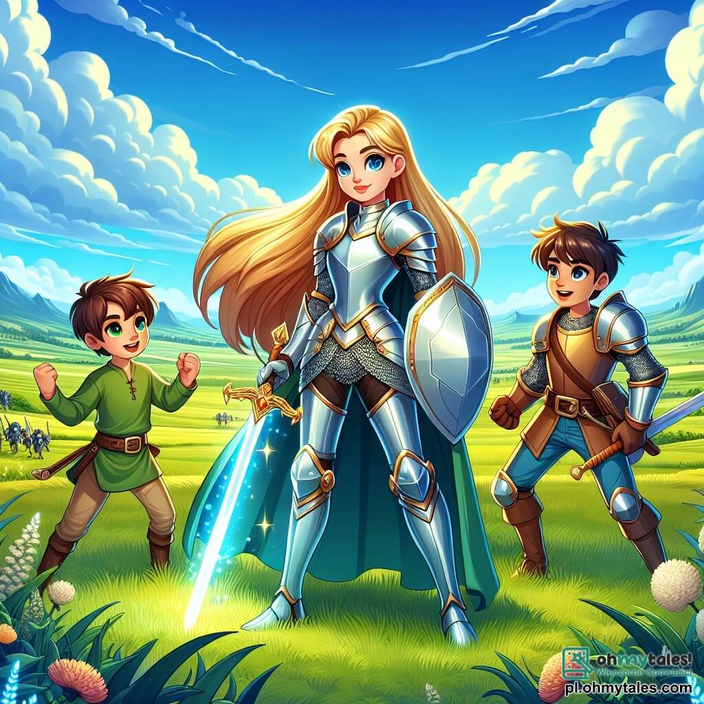 Une illustration sous forme de dessin destinée aux enfants représentant un vaste champ verdoyant sous un ciel bleu éclatant, où se tient une jeune chevaleresse aux longs cheveux dorés, vêtue d'une armure étincelante et brandissant un épée magique, entourée de deux jeunes garçons : l'un, un giermek aux cheveux bruns et aux yeux pétillants, qui l'encourage avec enthousiasme, et l'autre, un guerrier costaud avec une armure en cuir, prêt à défendre leur royaume, alors qu'ils se préparent à affronter une armée de créatures maléfiques qui s'approche à l'horizon.
