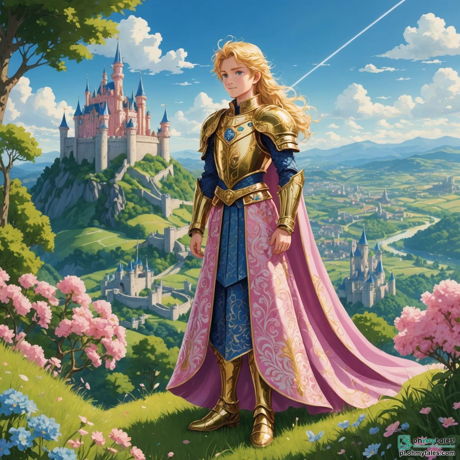 Une illustration destinée aux enfants représentant un prince courageux aux cheveux dorés scintillant comme des rayons de soleil, vêtu d'une armure étincelante ornée de motifs floraux, se tenant fermement sur une colline verdoyante surplombant un royaume enchanteur, où des châteaux majestueux aux tours élancées se dressent sous un ciel azur parsemé de nuages cotonneux, tandis qu'une belle princesse au sourire radieux, vêtue d'une robe de satin rose brodée de perles étincelantes, l'observe avec admiration depuis les jardins fleuris du palais, où des roses éclatantes et des lilas parfumés dansent doucement au gré du vent, et où un sage vieux hibou aux plumes argentées, perché sur une branche d'un chêne séculaire, semble murmurer des conseils mystérieux sur l'aventure qui attend le prince dans la quête pour sauver le royaume d'un mal ancien.