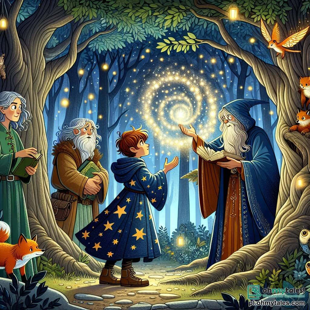 Ilustracja przedstawiająca magiczną scenę w zaczarowanym lesie, gdzie wielkie drzewa o skręconych pniach wznoszą się ku gwiaździstemu niebu, oświetlonemu migoczącymi świetlikami. W centrum młody czarodziej o rozczochranych włosach w kolorze jesieni, ubrany w niebieską szatę ozdobioną złotymi gwiazdami, trzyma przed sobą otwartą starą księgę magiczną, której lśniące strony emitują delikatne światło. Obok niego stoi średniego wieku kobieta z srebrnymi włosami i mądrym spojrzeniem, ubrana w zieloną tunikę, uważnie obserwująca czarodzieja, gotowa udzielić mu rad. W tle leśne zwierzęta, takie jak ciekawski lis i sowa siedząca na gałęzi, wydają się uważnie śledzić rozwijającą się magię. Główna scena ukazuje czarodzieja recytującego zaklęcie, otoczonego świetlistą aurą, podczas gdy liście wirują wokół niego, tworząc atmosferę tajemnicy i zachwytu.