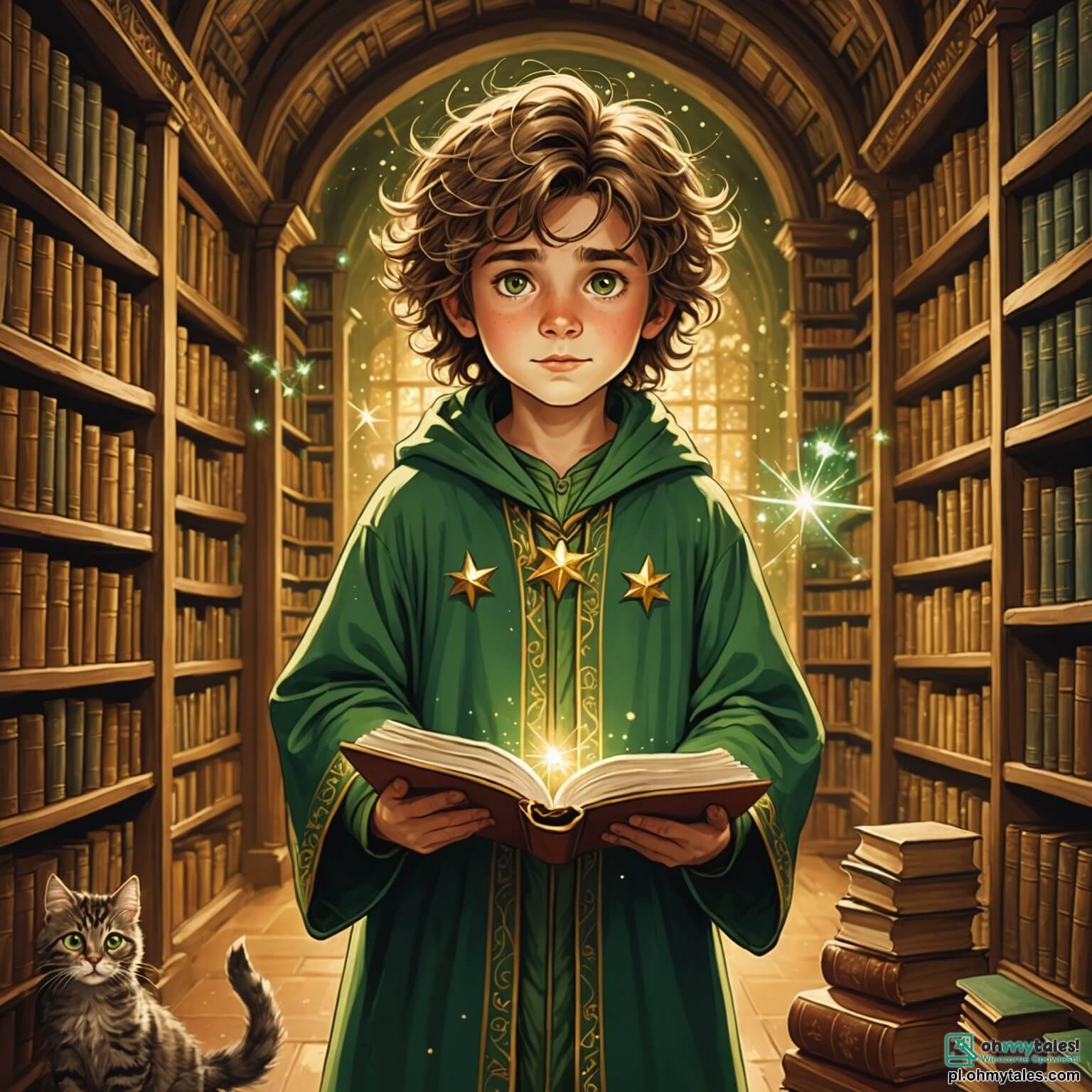 Une illustration destinée aux enfants représentant un jeune apprenti sorcier aux cheveux ébouriffés et aux yeux pétillants de curiosité, vêtu d'une robe verte ornée d'étoiles dorées, se tenant dans une bibliothèque magique aux murs recouverts de livres anciens aux couvertures chatoyantes, où des éclats de lumière dansent autour de lui, tandis qu'il s'efforce de retrouver un sortilège pour ramener son chat espiègle, qui a été transformé en un petit lapin aux grandes oreilles, avec à ses côtés un vieux sage à la barbe blanche, à l'air malicieux, qui l'observe avec un sourire bienveillant, le tout baigné dans une atmosphère enchantée où chaque coin semble murmurer des secrets de magie et d'aventure.