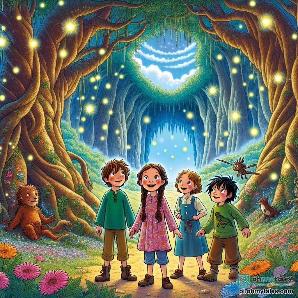 Ilustracja przedstawiająca magiczną scenę w zaczarowanym lesie, gdzie wysokie drzewa o grubych, krętych pniach wznoszą się ku niebu wypełnionemu białymi, puszystymi chmurami. Promienie słońca filtrują przez liście, tworząc świetliste wzory na ziemi pokrytej kolorowymi kwiatami. Na środku obrazu czterech młodych dzieci trzyma się za ręce, zjednoczonych w swojej przygodzie. Są dwie dziewczynki i dwóch chłopców, wszyscy w wieku około pięciu lat. Jedna z dziewczynek ma długie, plecione brązowe włosy, ubrana w różową sukienkę w kwiaty, z entuzjazmem się uśmiecha. Druga dziewczynka ma kręcone blond włosy, nosi niebieską tunikę i szorty, a z ciekawością rozgląda się wokół. Jeden z chłopców ma kasztanowe włosy i nosi zieloną koszulkę z rysunkiem dinozaura, wygląda na zdeterminowanego. Ostatni chłopiec ma rozczochrane czarne włosy, ubrany w czerwoną bluzę, i szeroko się uśmiecha, gotowy do odkrywania. W tej scenie dzieci stoją przed ogromną, ciemną i tajemniczą jaskinią, która zdaje się wzywać je do przygody. Świecące świetliki tańczą wokół nich, oświetlając ich drogę i dodając atmosferze magii. W tle, duży niebieski smok z błyszczącymi łuskami obserwuje je z życzliwością, gotowy poprowadzić je w ich poszukiwaniach.