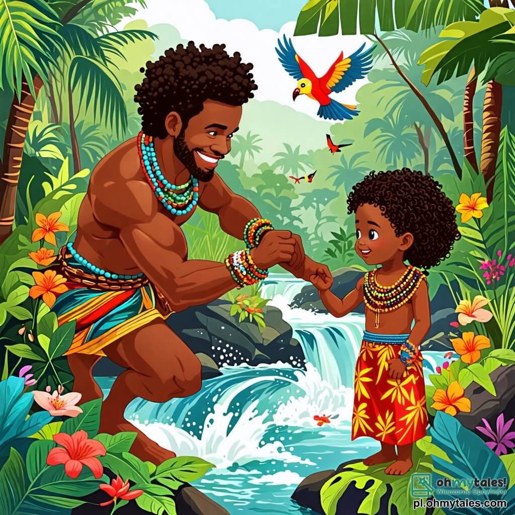 Une illustration sous forme de dessin destinée aux enfants représentant une scène vibrante dans une densa d jungle africaine, où un homme musclé au sourire chaleureux, portant un pagne coloré et des bracelets en perles, construit un pont de branches au-dessus d'une rivière tumultueuse, tandis qu'une petite fille aux cheveux crépus et aux yeux pétillants, vêtue d'une robe en tissu traditionnel, l'observe avec émerveillement, entourés de fleurs éclatantes et de chants d'oiseaux exotiques, illustrant l'esprit d'aventure et de coopération de leur quête pour trouver les plus beaux fleurs.